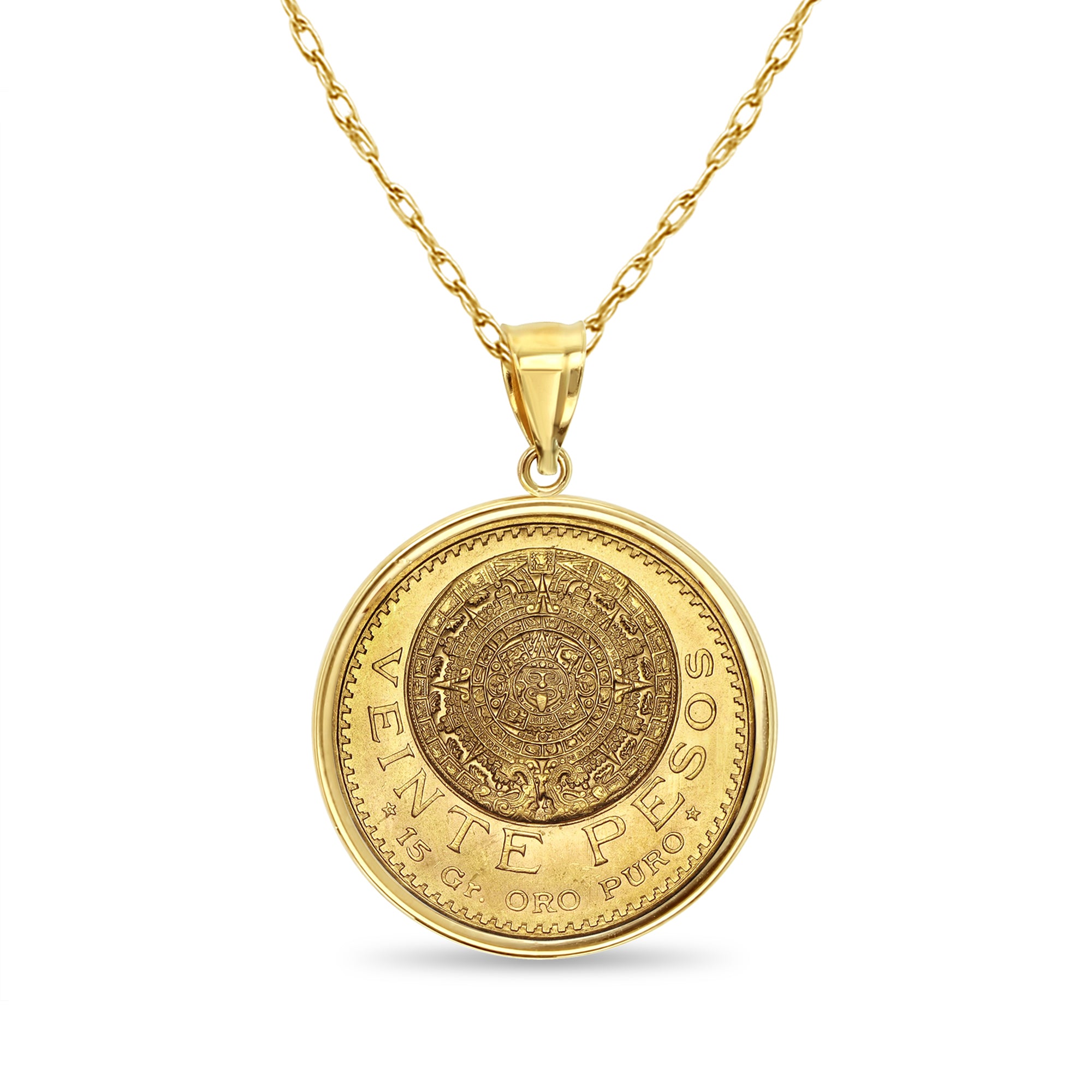 14k Yellow Gold Veinte Pesos Coin Necklace with Polished Bezel - Perfect for Gift Giving, Layering & Everyday Jewelry
