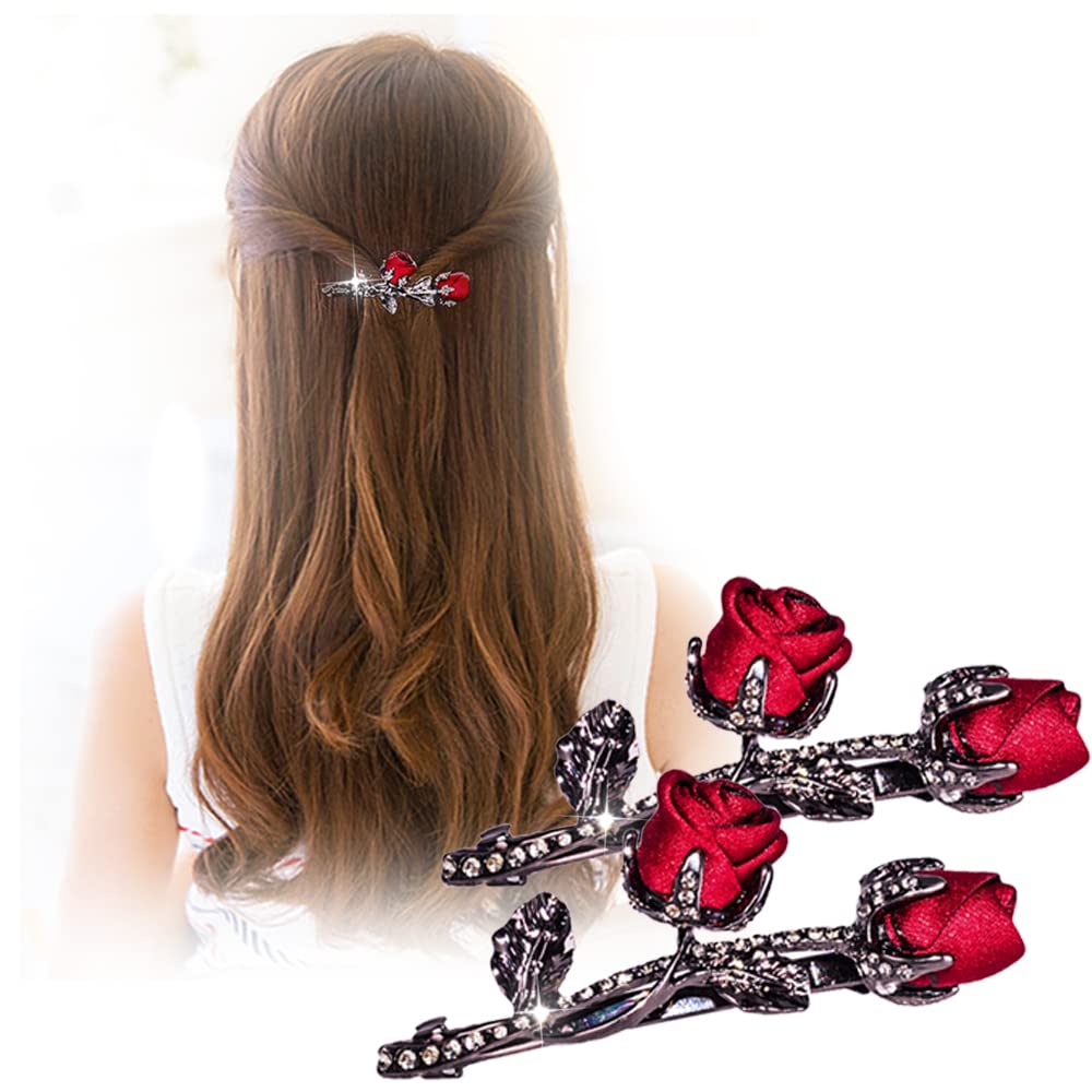 Vintage Crystal Rose Hair Clips - Elegant Rhinestone Flower Metal Hair Barrette, Ponytail Holder & Slide Clips for Women | Perfect for Weddings, Parties, Birthdays & Holiday Gifts (Red, 2PCS) | Great for Bridal Accessories, Prom, Date Night & Special Occasions