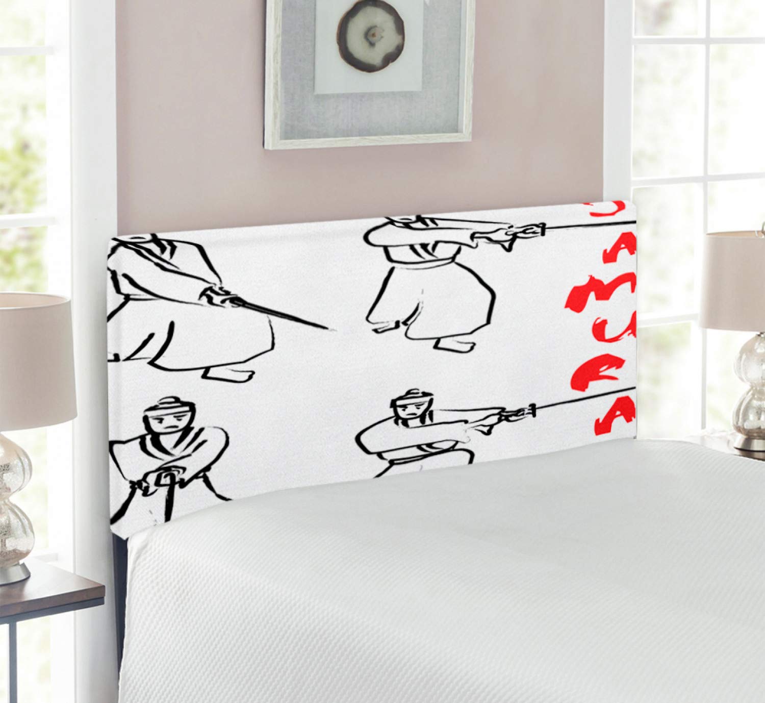 Ambesonne Japanese Samurai Katana Headboard - Twin Size Upholstered Metal Bed Frame with Memory Foam | Red & Black Martial Arts Design | Perfect for Anime Themed Bedrooms, Teen Boys' Rooms & Asian-Inspired Home Decor