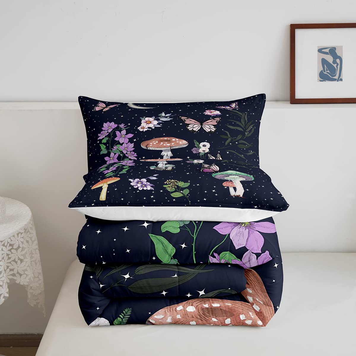 Boho Mushroom Twin Size Comforter Set - Stars Moon Phase Galaxy Duvet Cover & Pillowcase - Purple Flower Butterfly Soft Microfiber Bedding for Kids Boys Bedroom - Perfect for Cozy Sleepovers & Themed Room Decor