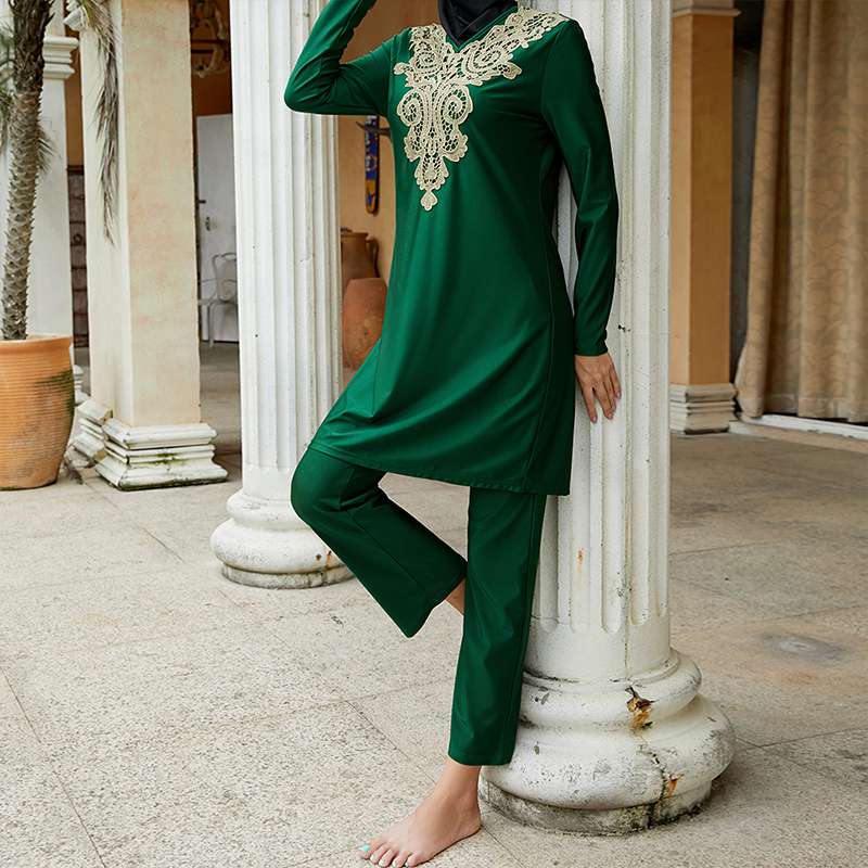 3-Piece Muslim Women's Embroidered Burkinis Swimwear Set - Modest Full Coverage Swimsuits for Beach, Pool & Water Sports