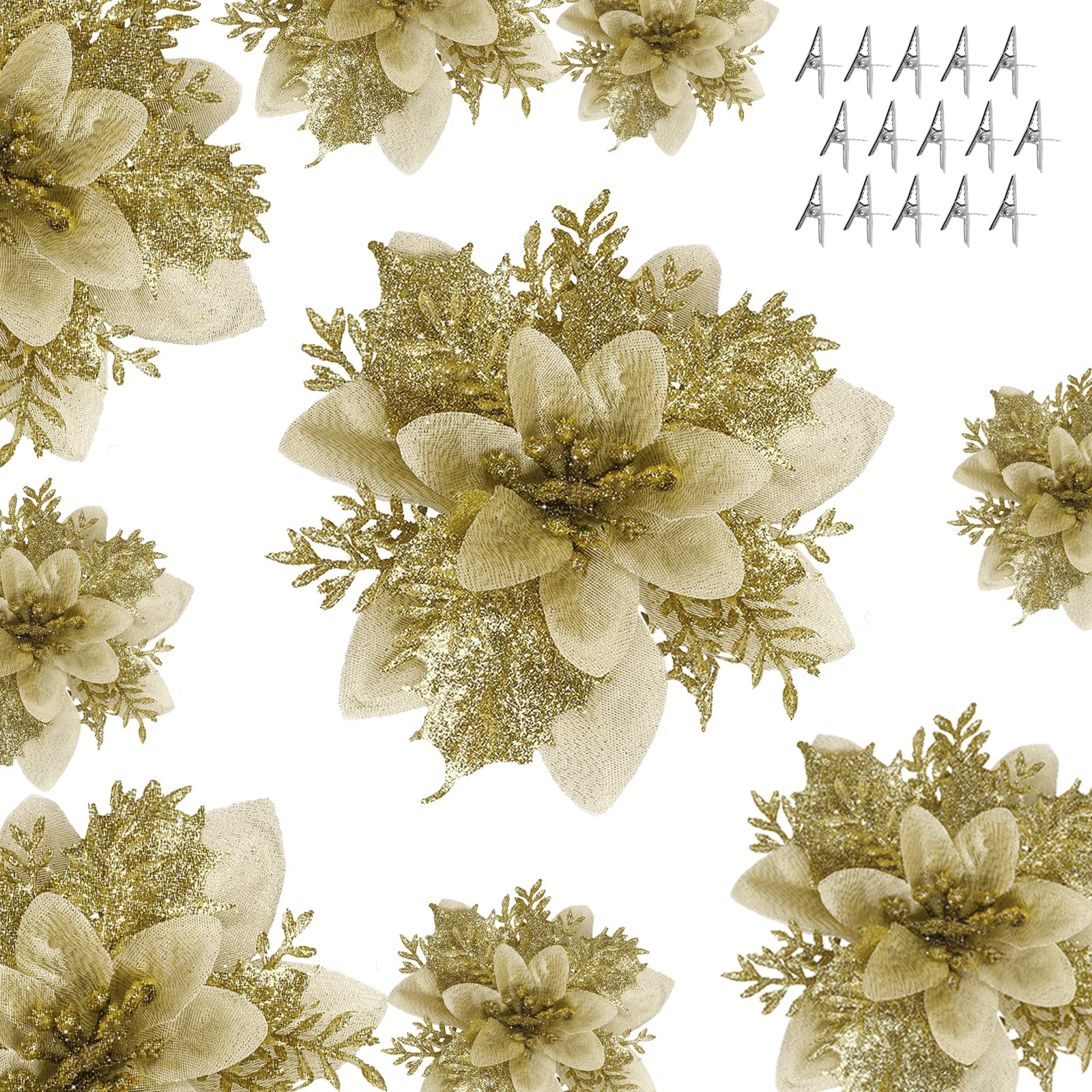 15 Pcs 6.3 Inch Artificial Poinsettia Flowers - Glitter Gold Christmas Wreath & Tree Ornaments for Holiday Home Decor, Party, Fireplace, and Festive DIY Crafts