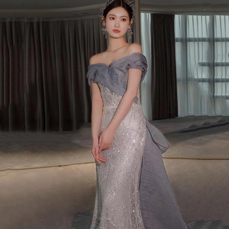 Elegant Light Blue Beaded Mermaid Prom Dress with Off-Shoulder Neckline - Size 42 | Perfect for Evening Gala, Formal Dances & Special Occasions
