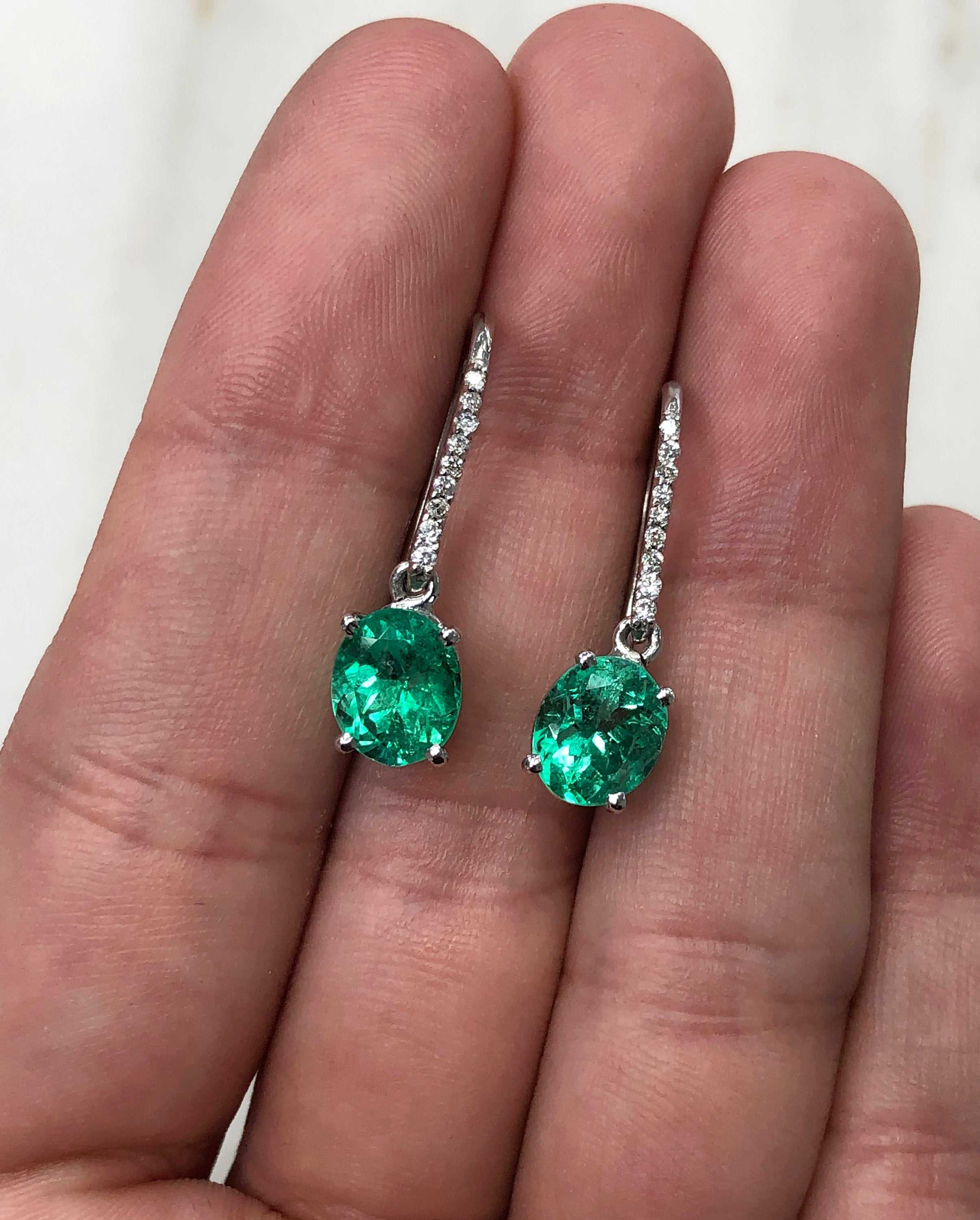 4.25tcw Vivid Green Colombian Emerald & Diamond Dangle Earrings in 14K Gold - Elegant Jewelry for Weddings, Parties & Special Occasions