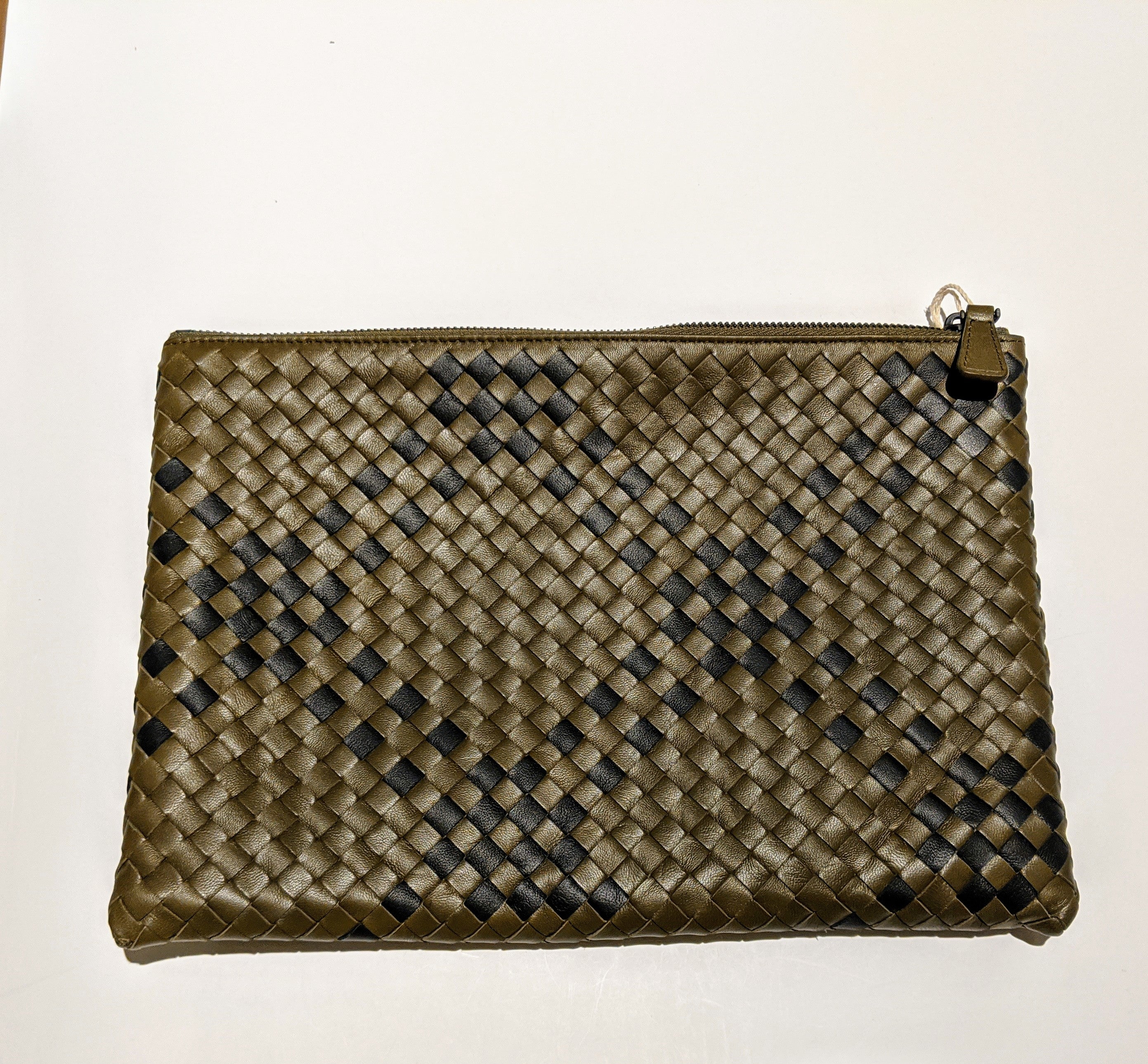 Bottega Veneta Woven Leather Pouch Clutch Bag - Plaid Khaki Green & Gray Crossbody Purse for Women | Perfect for Evening Parties, Weddings & Date Nights