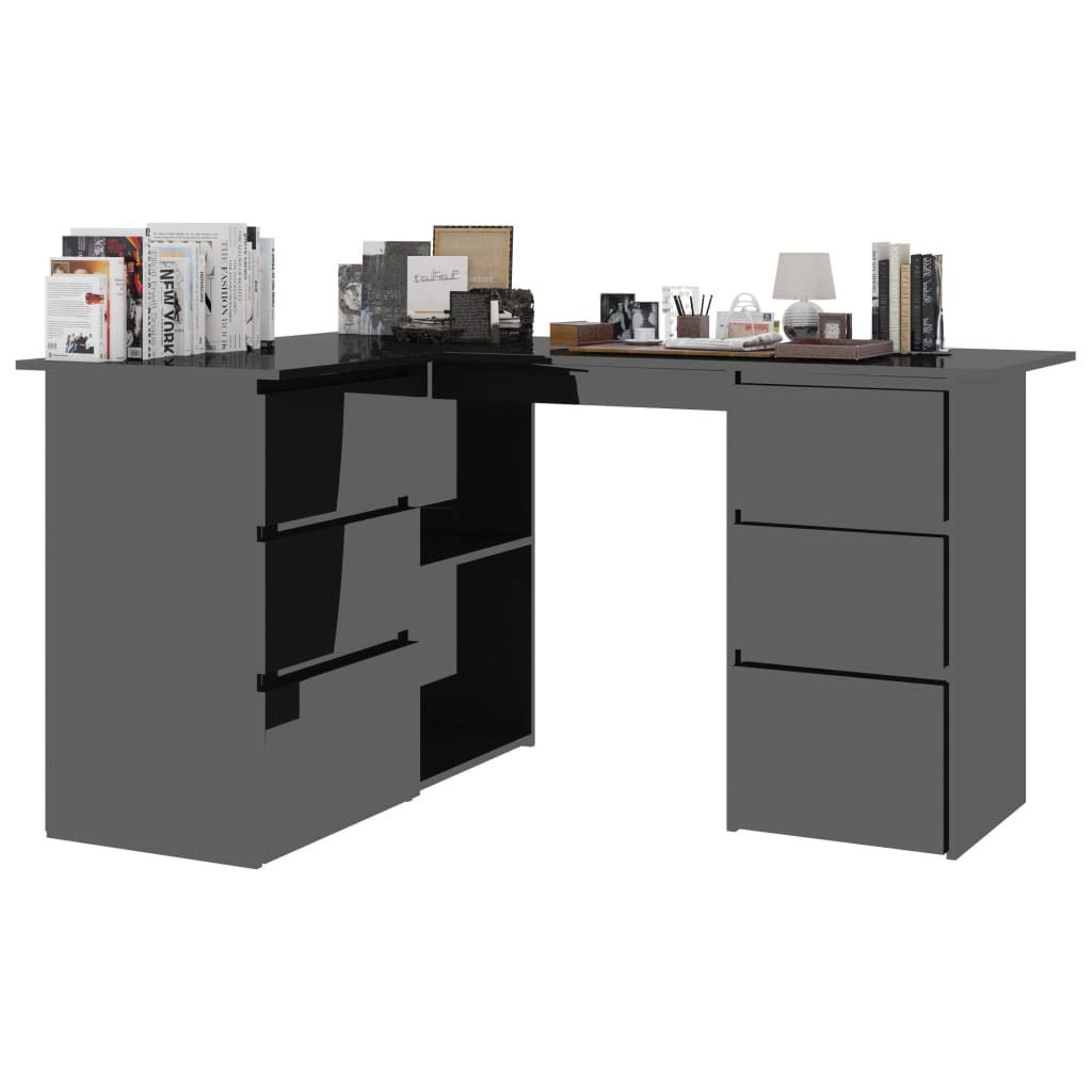 Black Laptop Desk with 2 Shelves - High Gloss Computer Workstation (57