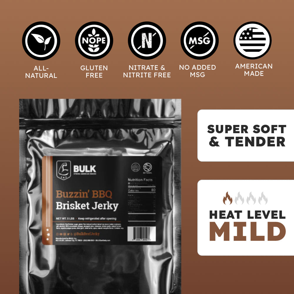 Bulk Buzzin' BBQ Brisket Beef Jerky - Premium Smoked Meat Snacks for Camping, Hiking & Road Trips - High Protein Low Carb Keto-Friendly Snack