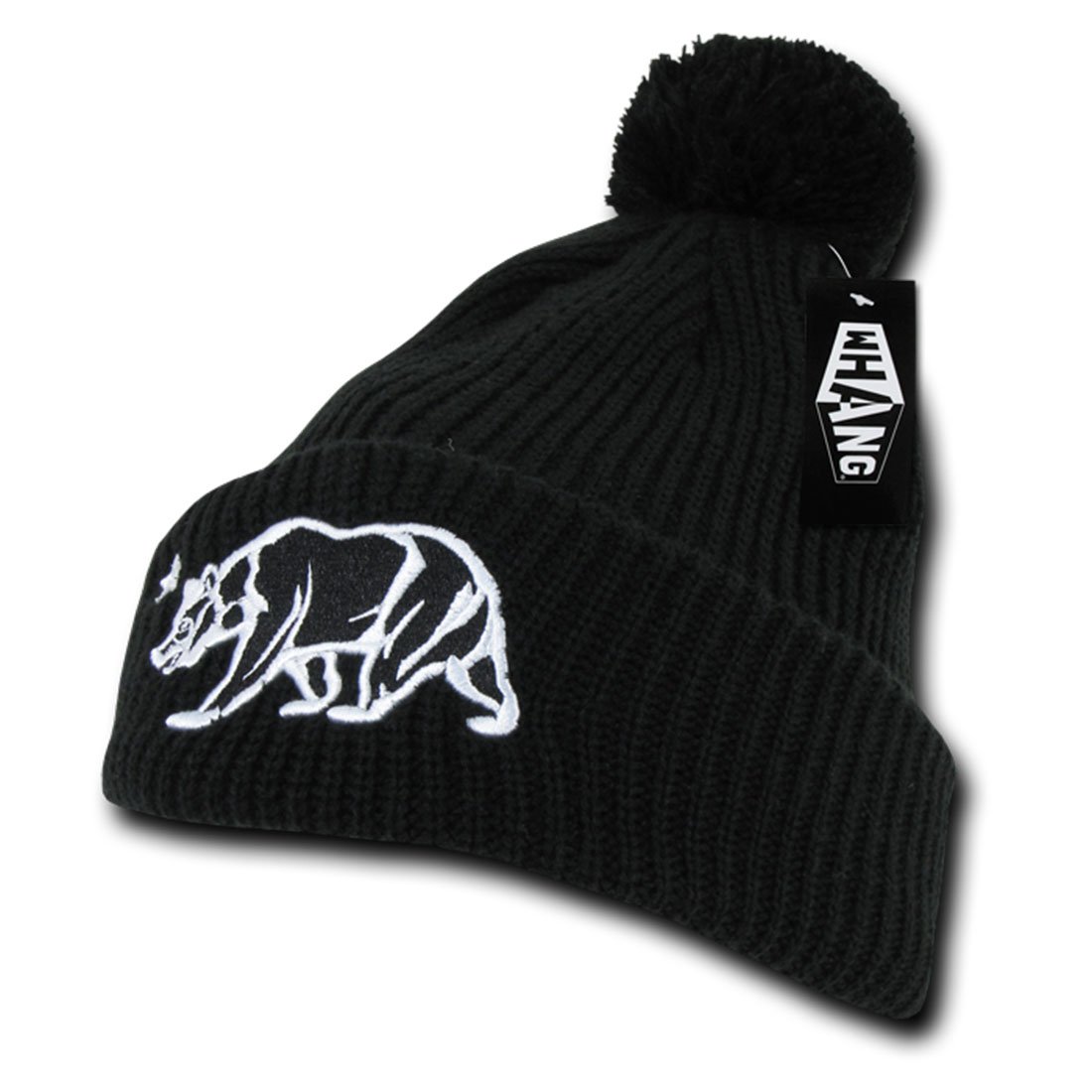 Stylish California Bear Pom Pom Cuffed Winter Beanie Skull Cap - Warm Knit Hat for Men & Women - Perfect for Cold Weather, Snow Sports, and Outdoor Activities (Black)