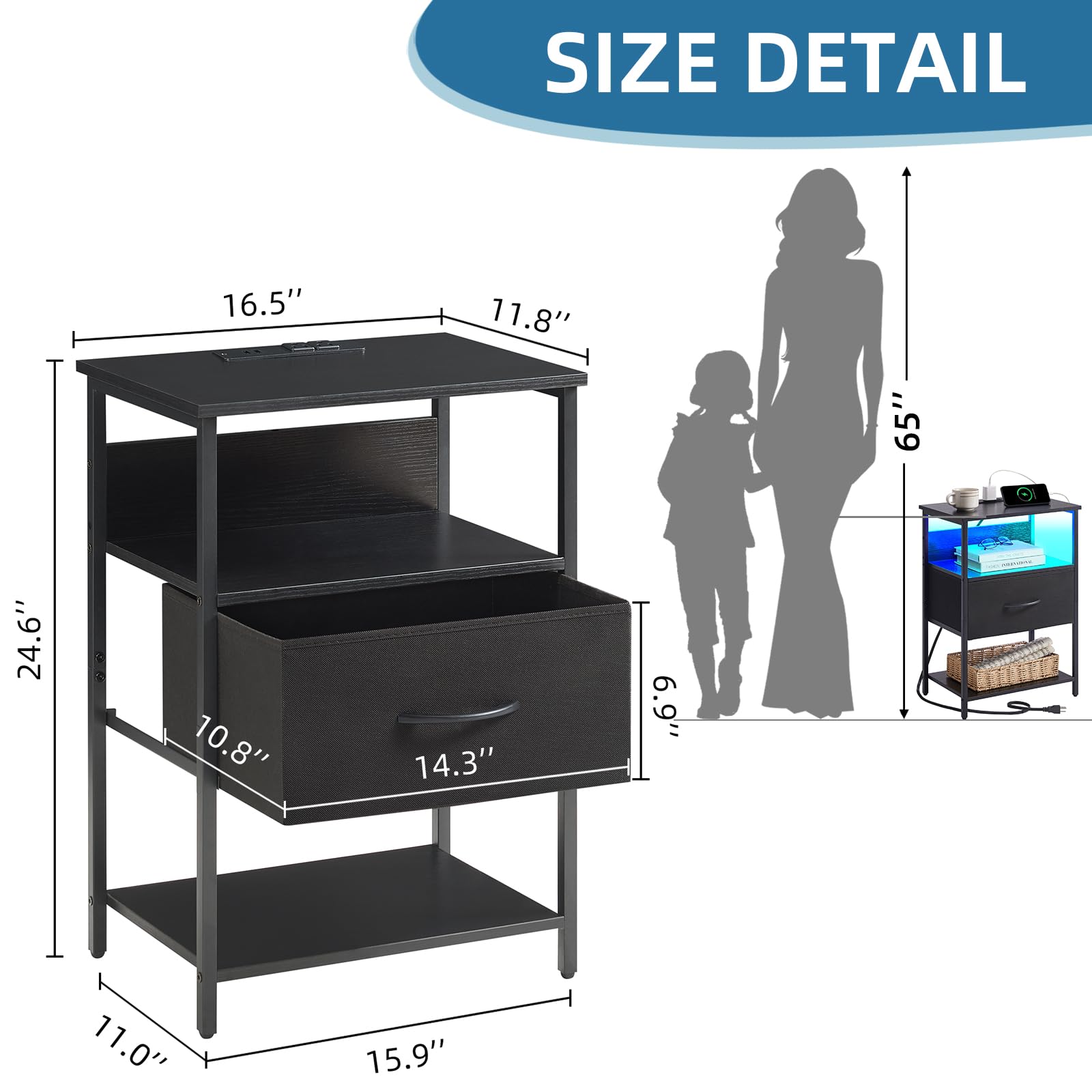 Somdot Black Nightstand with USB Charging Station & LED Light - Modern Bedside Table for Bedroom, Dorm, Guest Room | Kids Nightstand with Storage for Laundry Closet, Entryway & Hallway (Black) - Perfect for Bedside Phone Charging & Bedroom Organization
