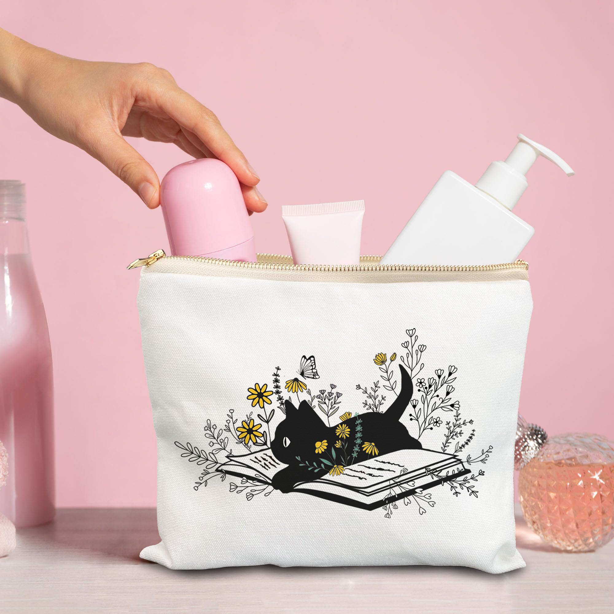 Black Cat Flowers Makeup Bag for Women - Cute Floral Cosmetic Pouch with Zipper, Perfect Gift for Cat Lovers & Book Lovers - Great for Travel, Daily Makeup Storage & Gift Giving