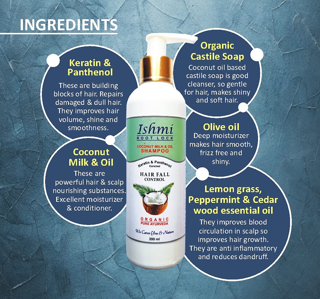 Ishmi Coconut Milk & Oil Root Lock Shampoo - 200ml | Stops Hair Fall, Promotes Hair Growth & Thickens Hair with Keratin & Panthenol | SLS, Sulfate, Paraben & Silicone Free | For Daily Hair Care & Scalp Nourishment