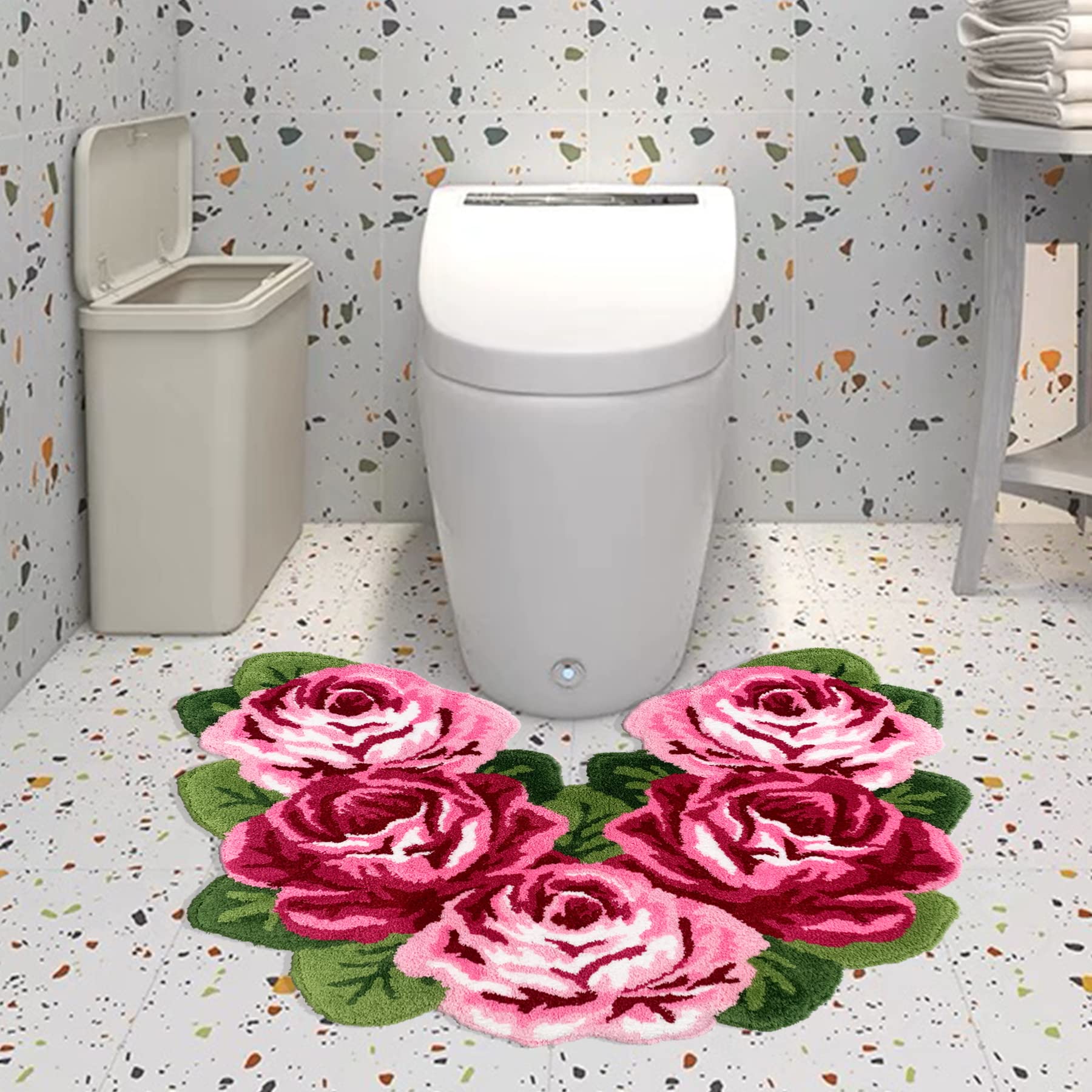 Premium Non-Slip Microfiber Bathroom Rug - Rose Shaped Shaggy Absorbent Shower Mat for Tub & Toilet, Machine Washable U-Shaped Bath Rug (31