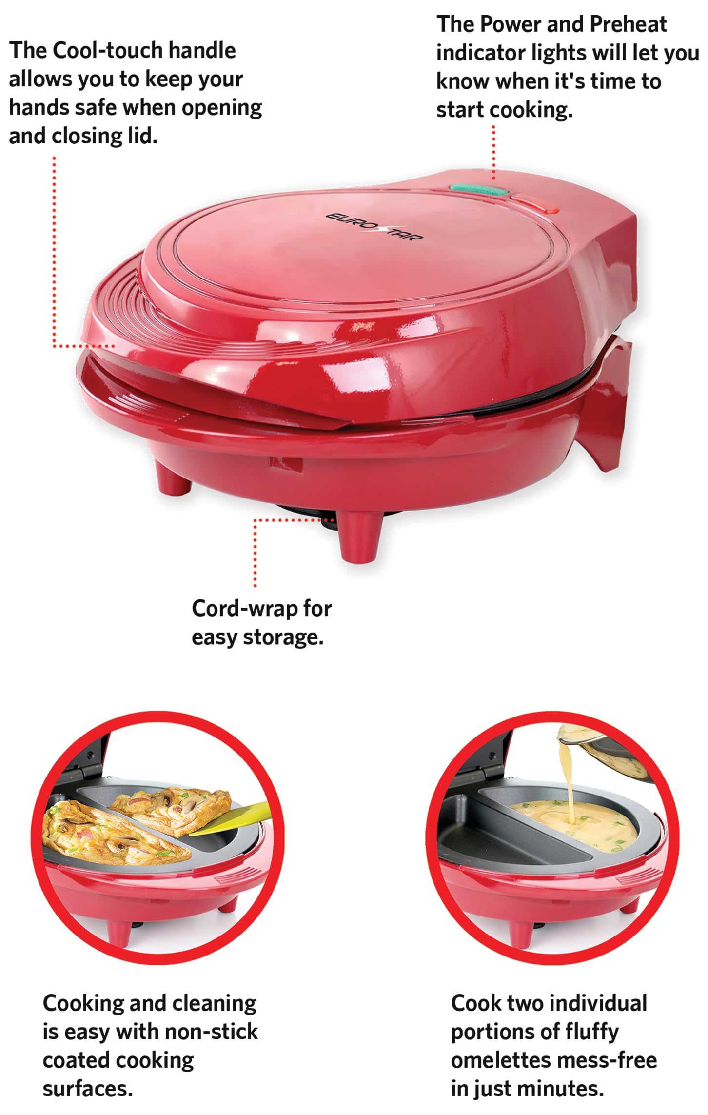 Non-Stick Electric Omelette Maker - Fast & Easy Breakfast Omelet Cooker with Removable Plates, Perfect for Home & Kitchen (Red) | Ideal for Quick Breakfast, Brunch, Camping & Dorm Cooking