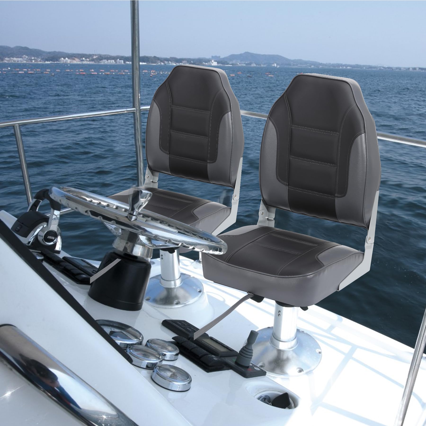 2 Pack High Back Folding Boat Seats with Stainless Steel Screws - Thickened Sponge Padding & Durable Hinge for Fishing, Sightseeing, Speedboat & Canoe (Perfect for Outdoor Water Activities & Marine Adventures)