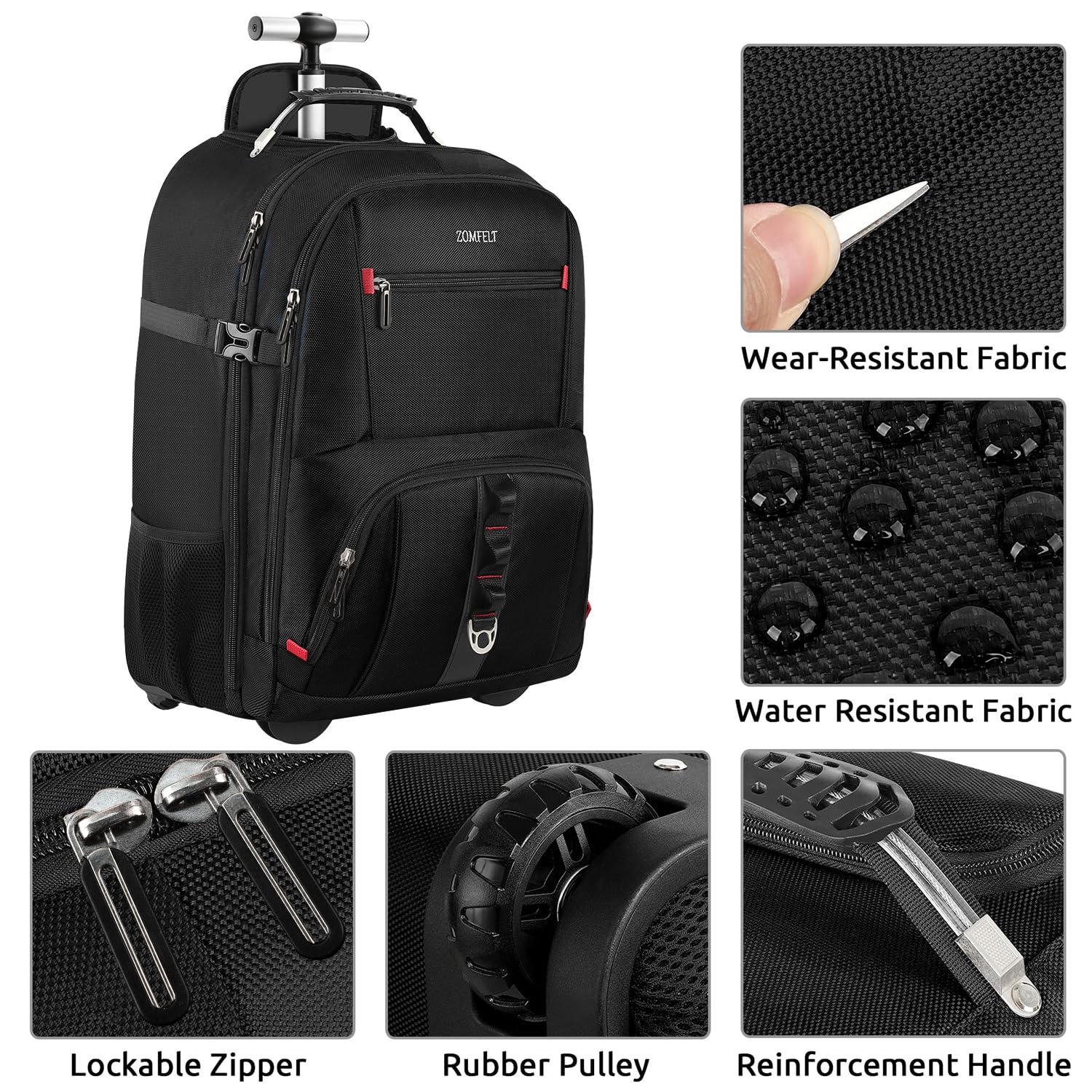ZOMFELT Rolling Backpack - 18 Inch Wheeled Laptop Backpack with 3 Packing Cubes for Travel, Work & Business | Durable Carry-On Backpack for Men & Women | Perfect for Airplane, Commuting & Office Use (Black)