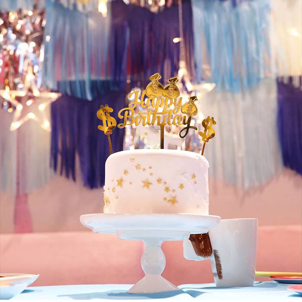 Set of 3 Gold Happy Birthday Cake Toppers - Premium Dollar Cake Topper Decorations for Birthday Parties, Wedding Cakes & Special Events