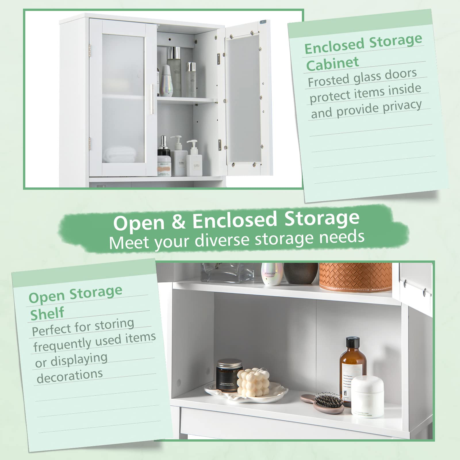 Over The Toilet Storage Cabinet - Bathroom Organizer with Frosted Glass Doors, Adjustable Shelves & Open Compartment - Freestanding Toilet Rack for Washroom, Laundry & Bath Essentials (67