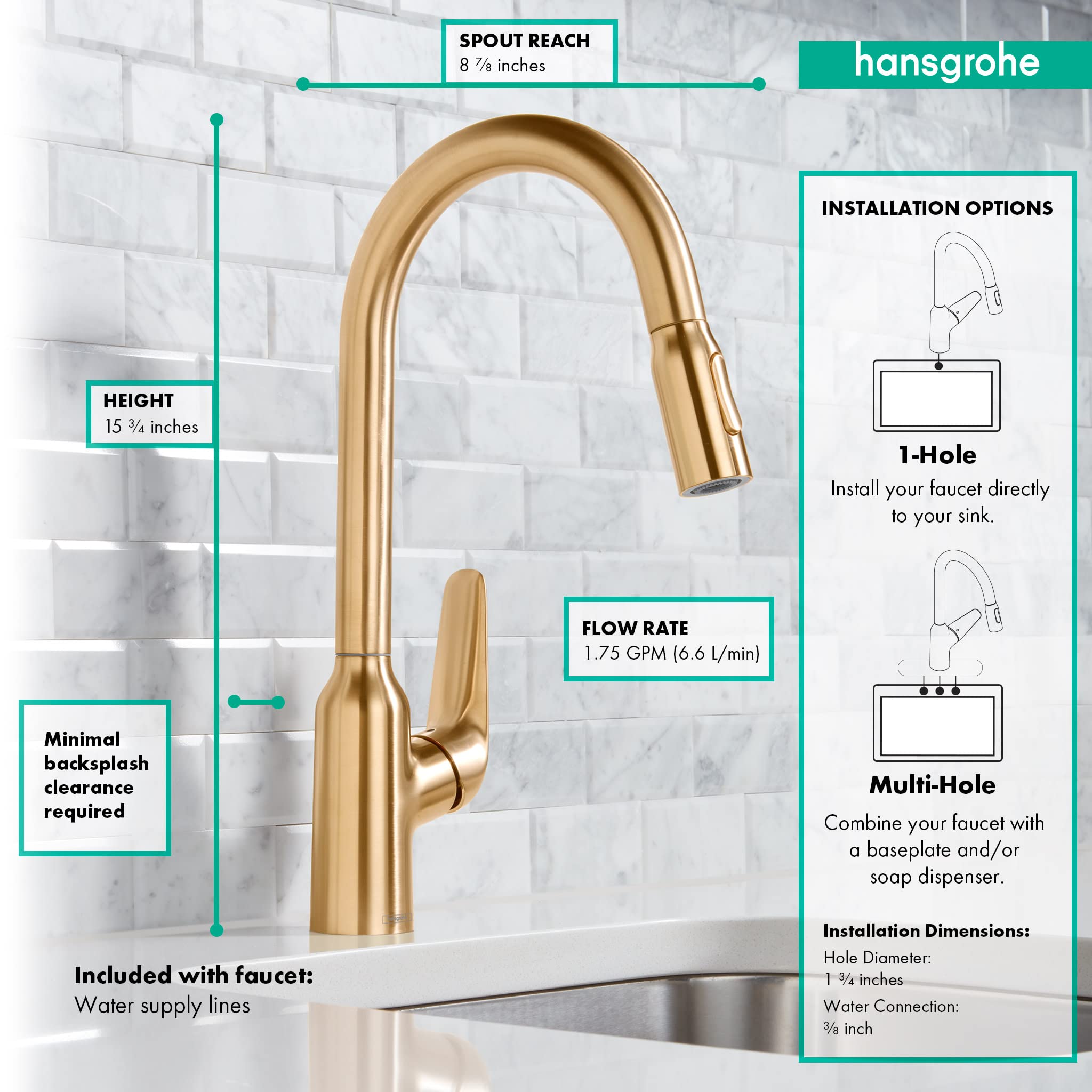 Hansgrohe Focus N Gold High Arc Pull Down Kitchen Faucet with Sprayer - Brushed Gold Finish (Model 71800251) - Perfect for Modern Kitchens, Restaurant Prep Areas & Luxury Home Renovations