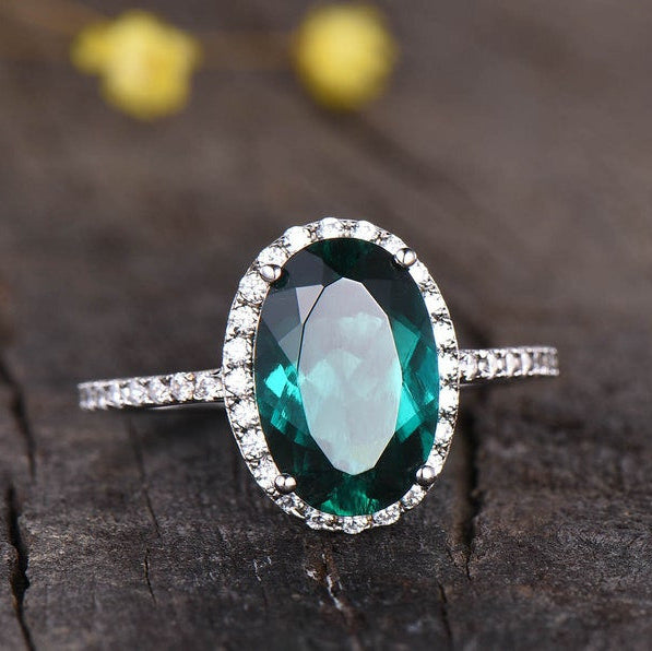 Vintage Emerald and Diamond Halo Wedding Ring - 8x11mm Oval Cut Emerald with Half Eternity Diamond Band in 14K White Gold - Perfect for Engagement, Anniversary, and Bridal Jewelry Gifts