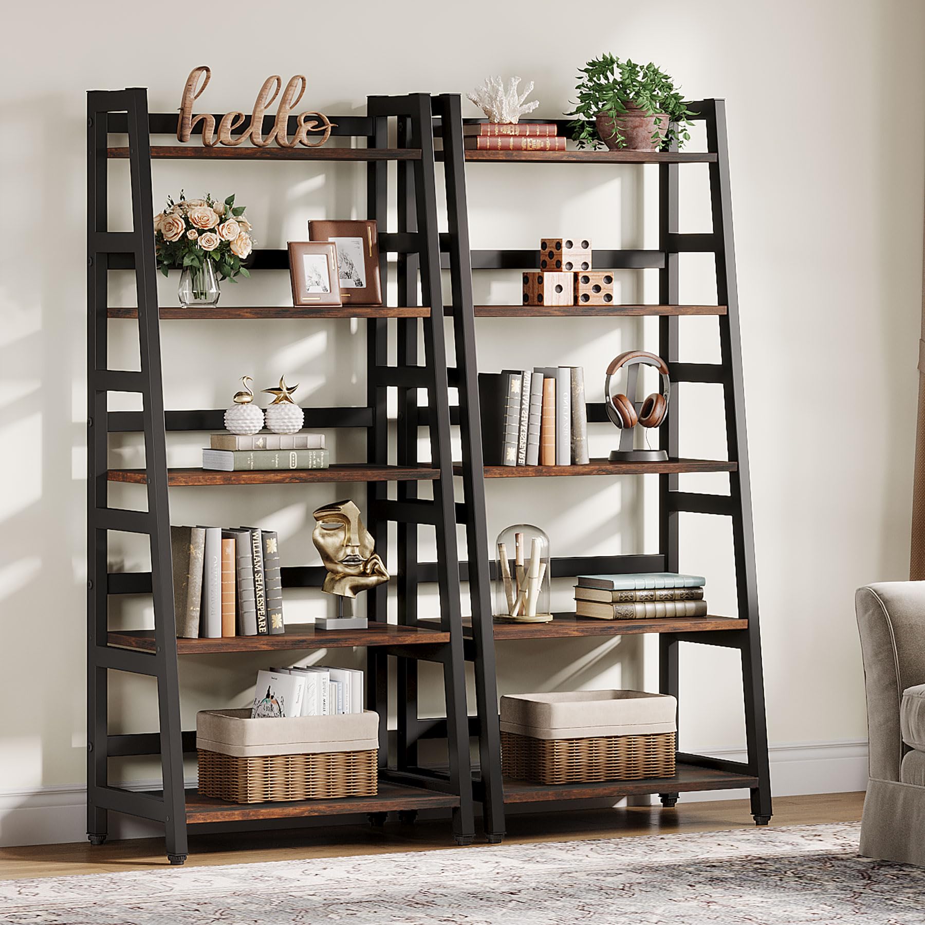 Tribesigns 5-Tier Industrial Bookshelf - Sturdy Ladder Bookcase with 5 Shelves for Home Office, Living Room Storage & Organization - Perfect for Displaying Books, Decor & Plants in Modern Spaces
