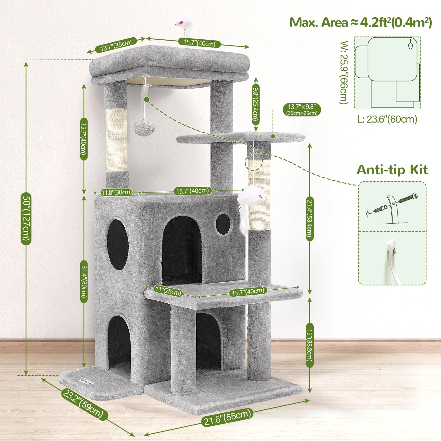 50-inch FC50 Cat Tree Tower for Large Indoor Cats - Multi-Level Cat House with Scratching Posts, 2 Cozy Cat Caves, Dangling Toys & Steps - Light Grey - Perfect for Play, Rest & Climbing in Home or Apartment