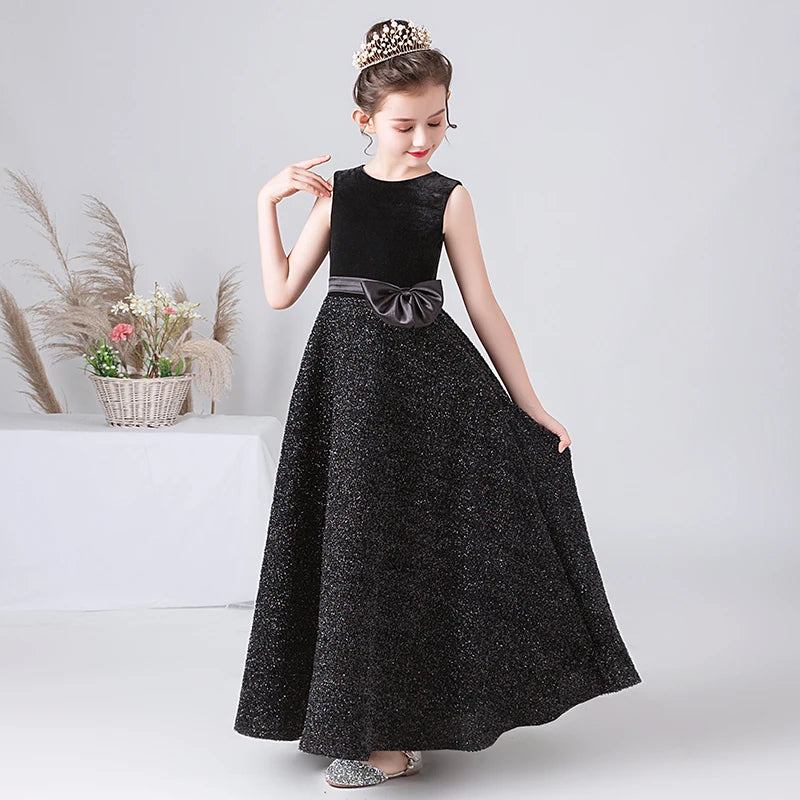 Elegant Black Velvet Formal Dress for Girls with Bling Details - Long Princess Gown for Special Occasions, Pageants, and Holiday Parties