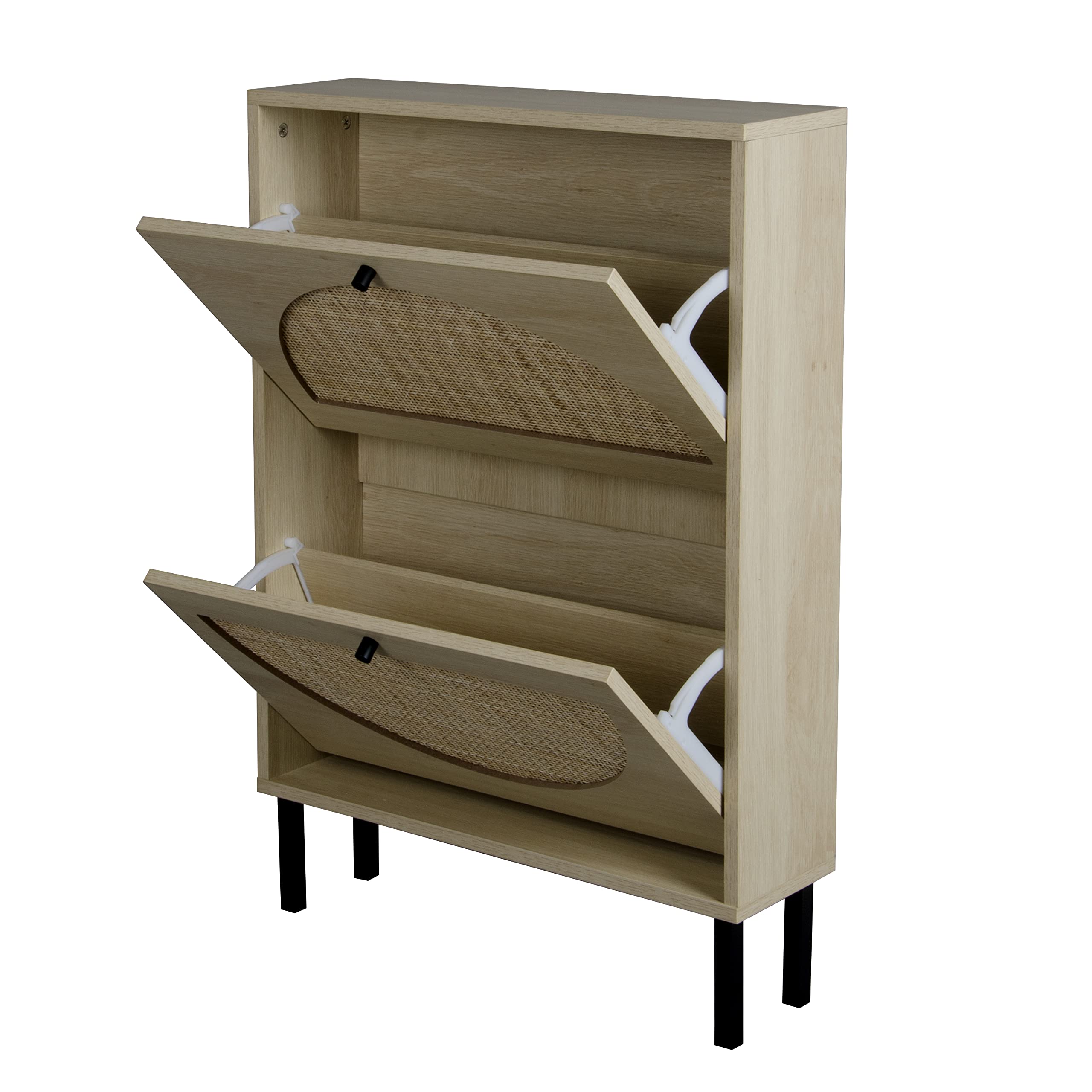 SSLine Rustic Wood Shoe Cabinet with 2 Flip-Down Storage Shelves - Free-Standing Shoe Rack Organizer with Unique Rattan Decor for Entryway, Hallway, or Doorway (Natural) - Perfect for Small Spaces & Home Organization