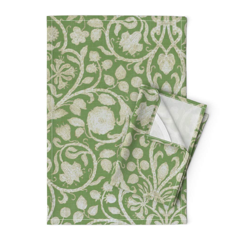 Spring Green Damask French Floral Printed Tea Towel - Linen Cotton Canvas Kitchen Towel for Drying Dishes, Decor & Gift Giving