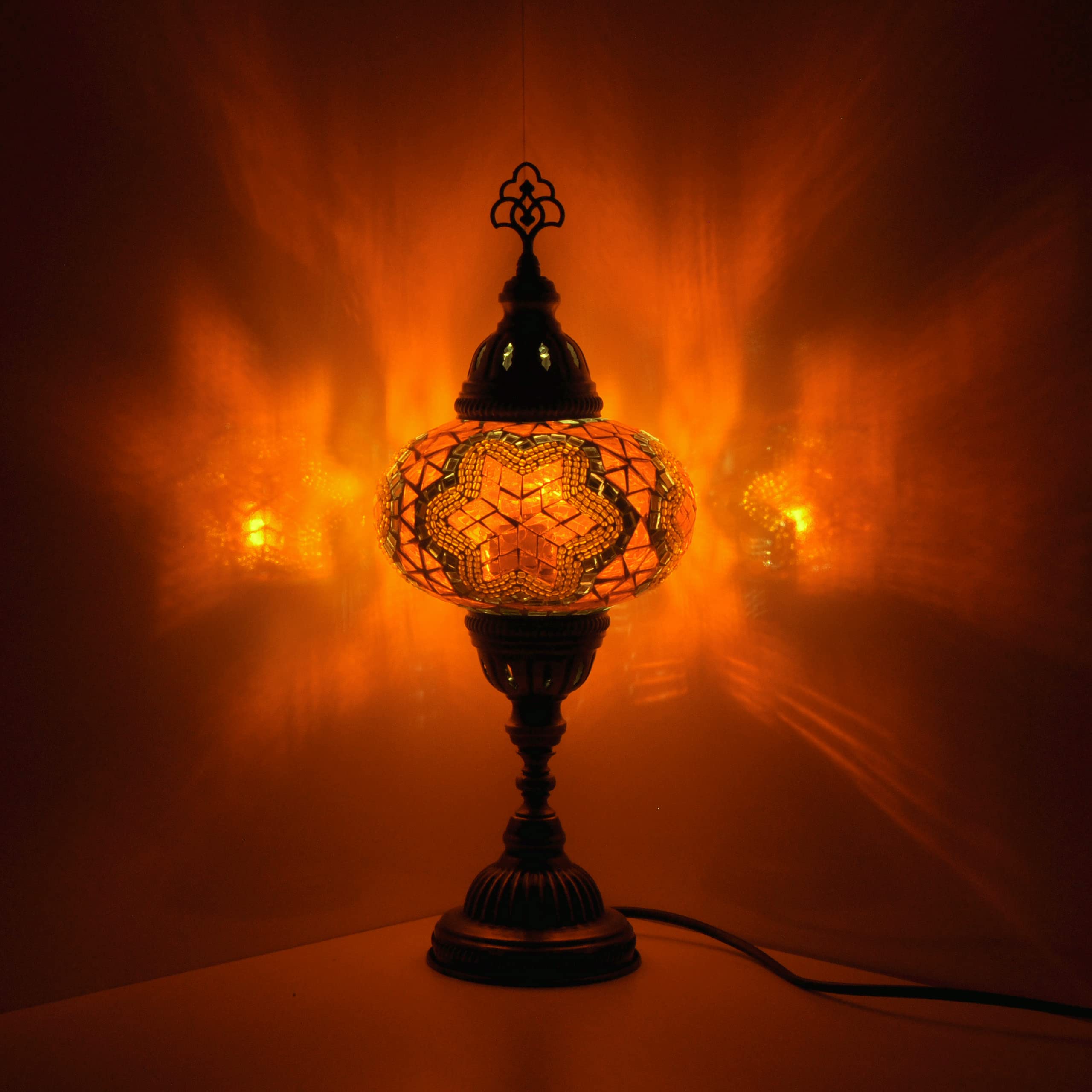 10 Styles Mosland Handmade Turkish Mosaic Table Lamp - Bronze Base Moroccan Tiffany Night Light with LED Bulb | Bedside, Living Room, Dining Room Decor | Orange Glass Lamp for Home & Office
