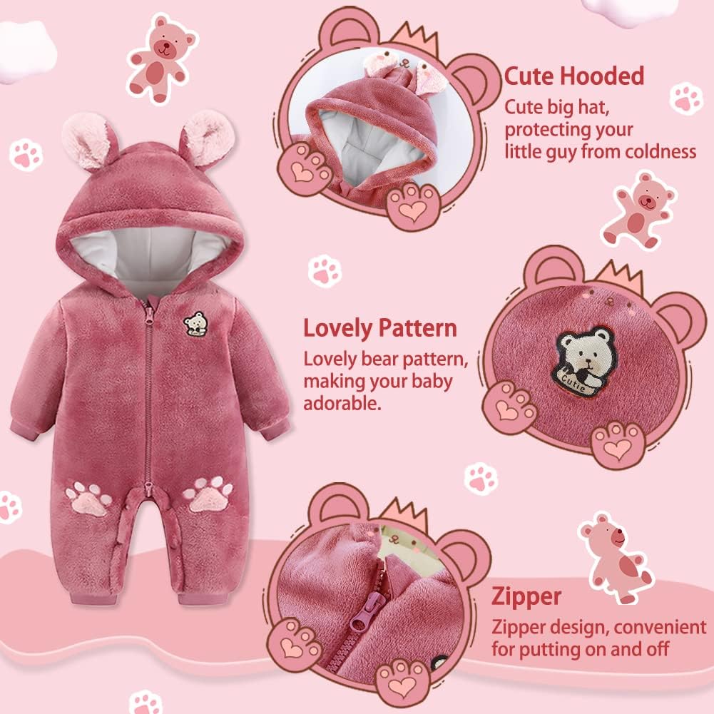 Xifamniy Baby Boy & Girl Winter Fleece Footie Romper Jumpsuit - Warm Thick Hooded Snowsuit for Newborns | Perfect for Cold Weather, Outdoor Play & Winter Photoshoots