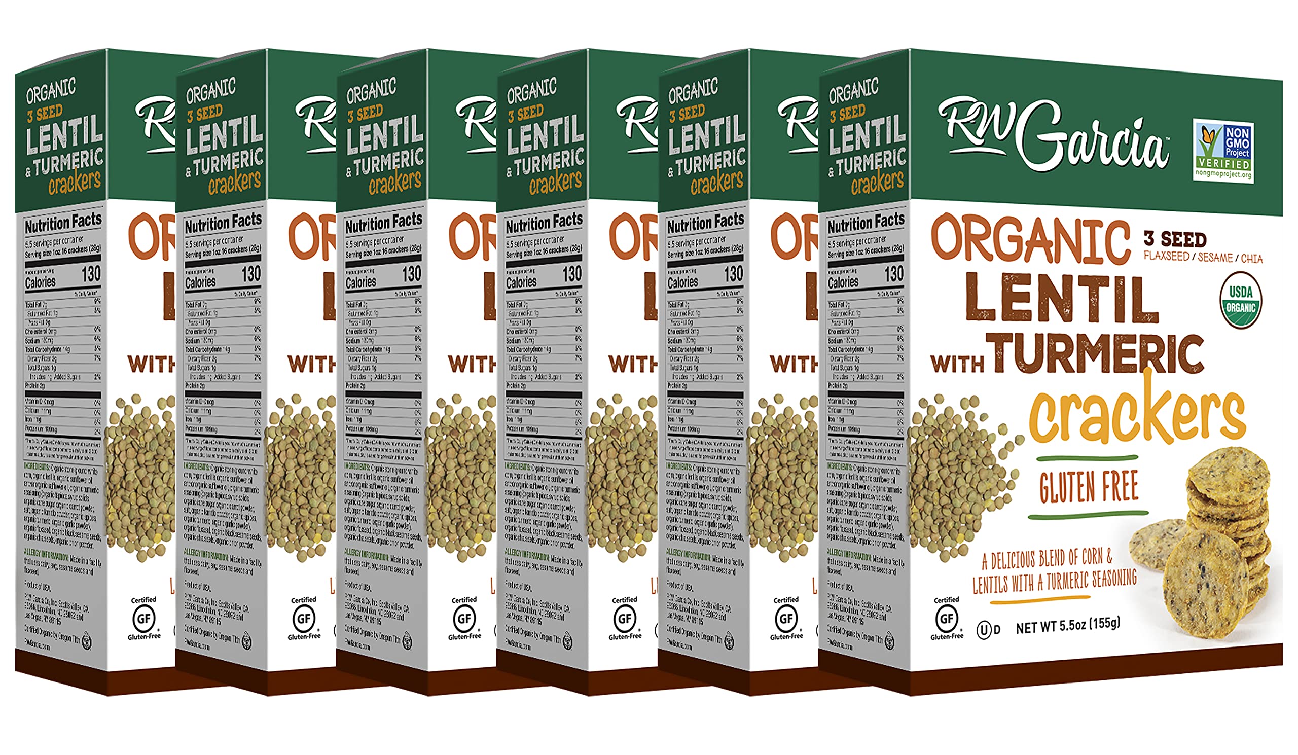 Organic Lentil & Turmeric Crackers Gluten Free Snacks - 6 Pack (5.5oz Each) | Healthy Vegan Crackers for Parties, Travel & On-the-Go Snacking