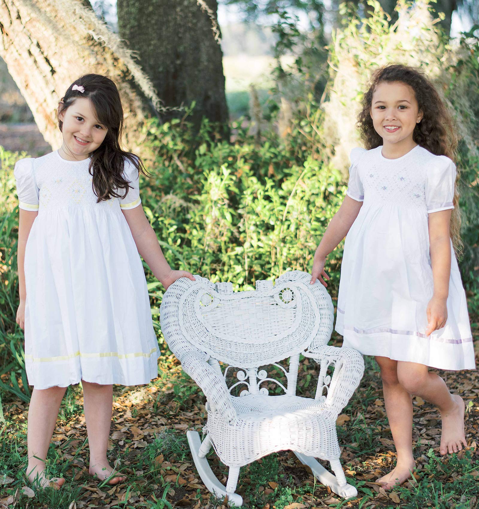 Elegant Hand-Smocked White Easter Dress for Flower Girls with Yellow Ribbon - Perfect for Easter Celebrations, Weddings & Special Occasions