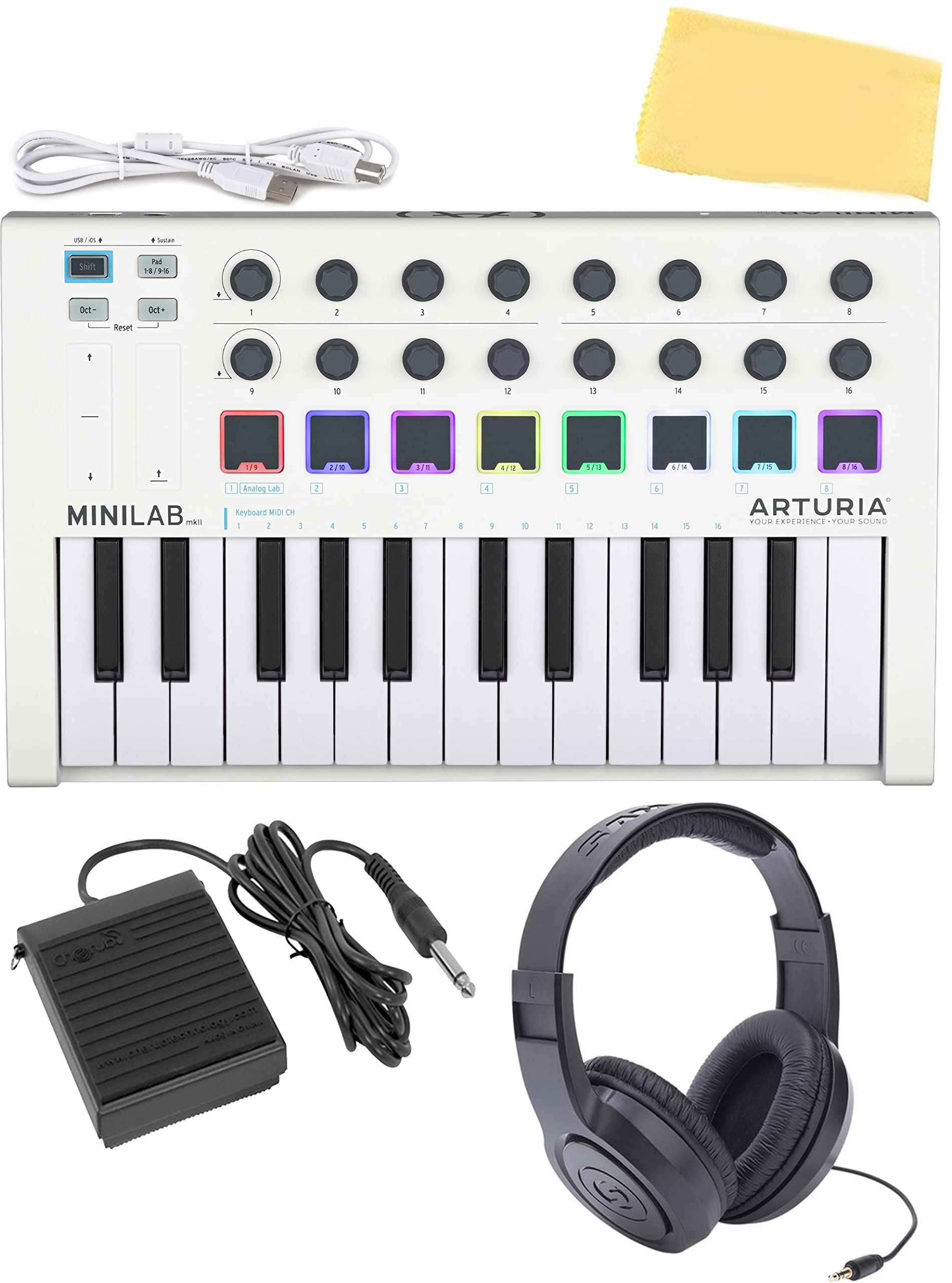 Arturia MiniLab MkII 25-Key USB MIDI Keyboard Controller Bundle with Studio Headphones, Sustain Pedal & Polishing Cloth - Perfect for Music Production, Home Recording & Live Performance