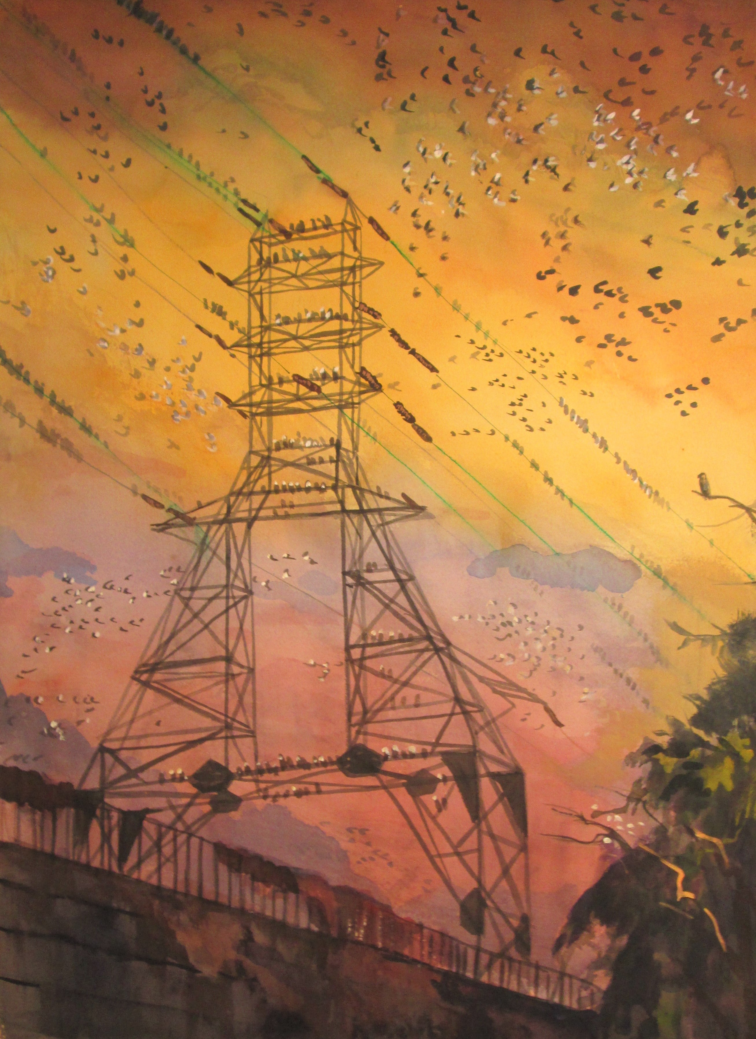 Richard Estell: Power Lines with Pigeons - Urban Landscape Art Print for Home & Office Decor - Perfect for Living Rooms, Bedrooms, and Workspaces