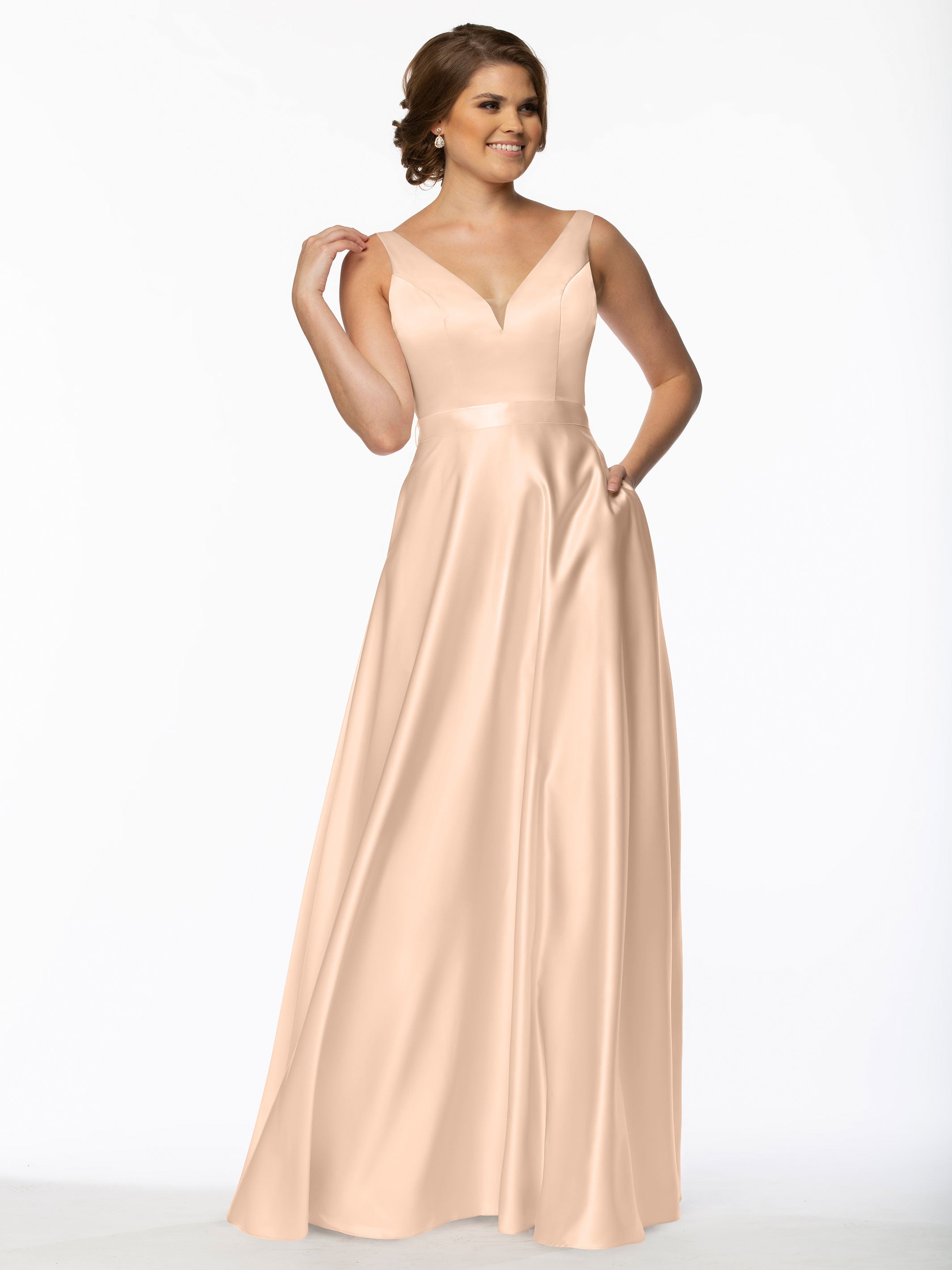 Elegant 80118 Satin A-Line Bridesmaid Dress with V-Neck & Waist Sash - Perfect for Weddings, Formal Events & Special Occasions