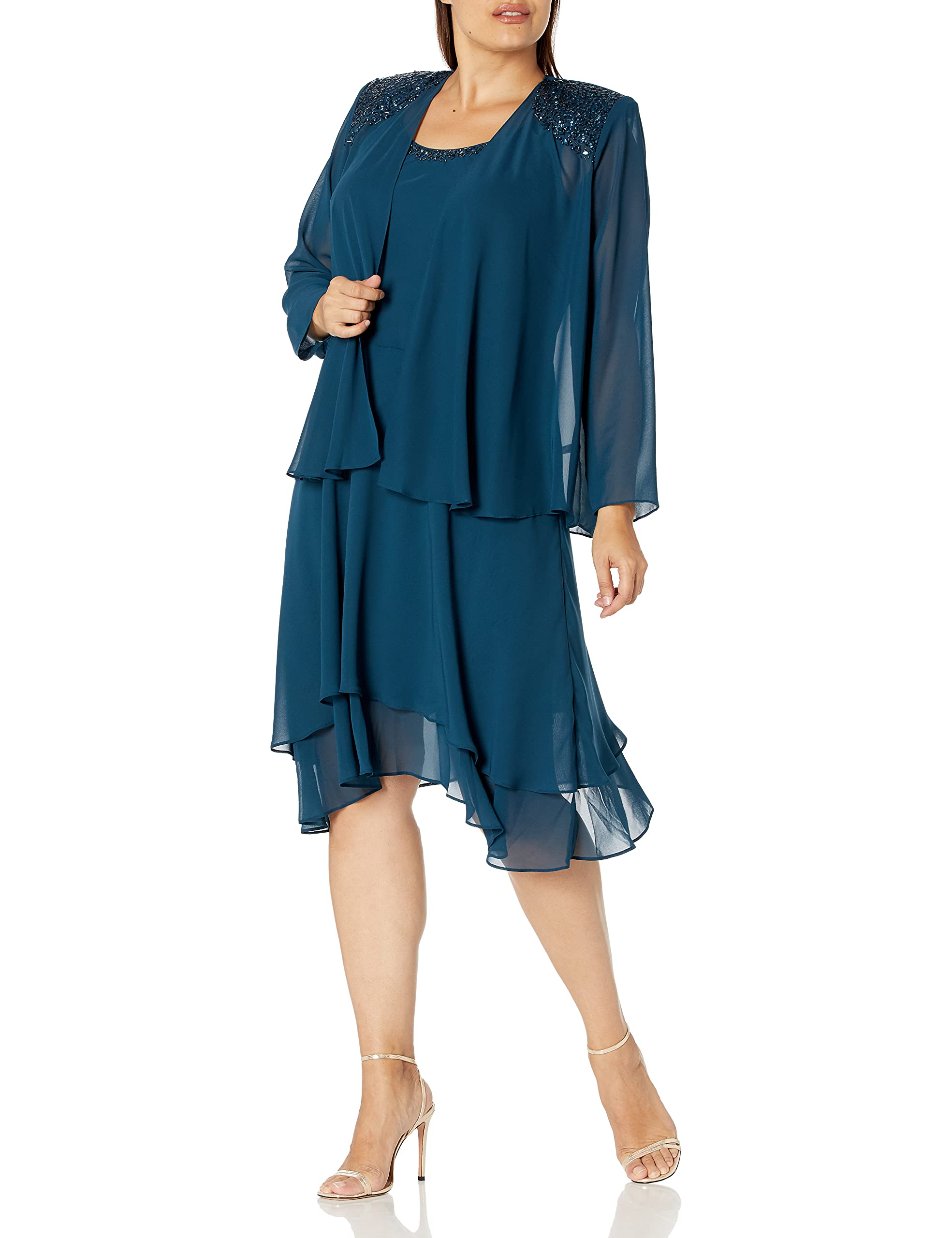 Elegant Plus Size Embellished Tiered Mother of The Bride Dress with Jacket - Women's Formal Wedding Guest Gown for Special Occasions, Church Events & Evening Parties