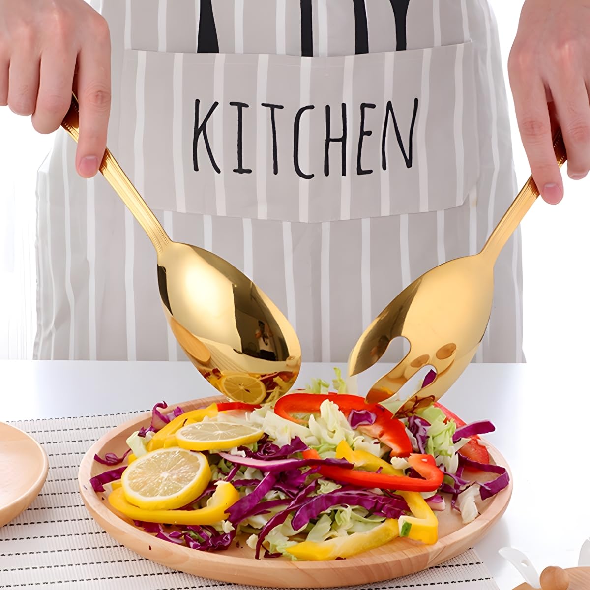 Premium Stainless Steel Salad Serving Set - Heavy Duty Smooth Finish Salad Spoon & Fork with Gold Finish - Ideal for Home Kitchen, Party Buffet, Catering & Outdoor Dining