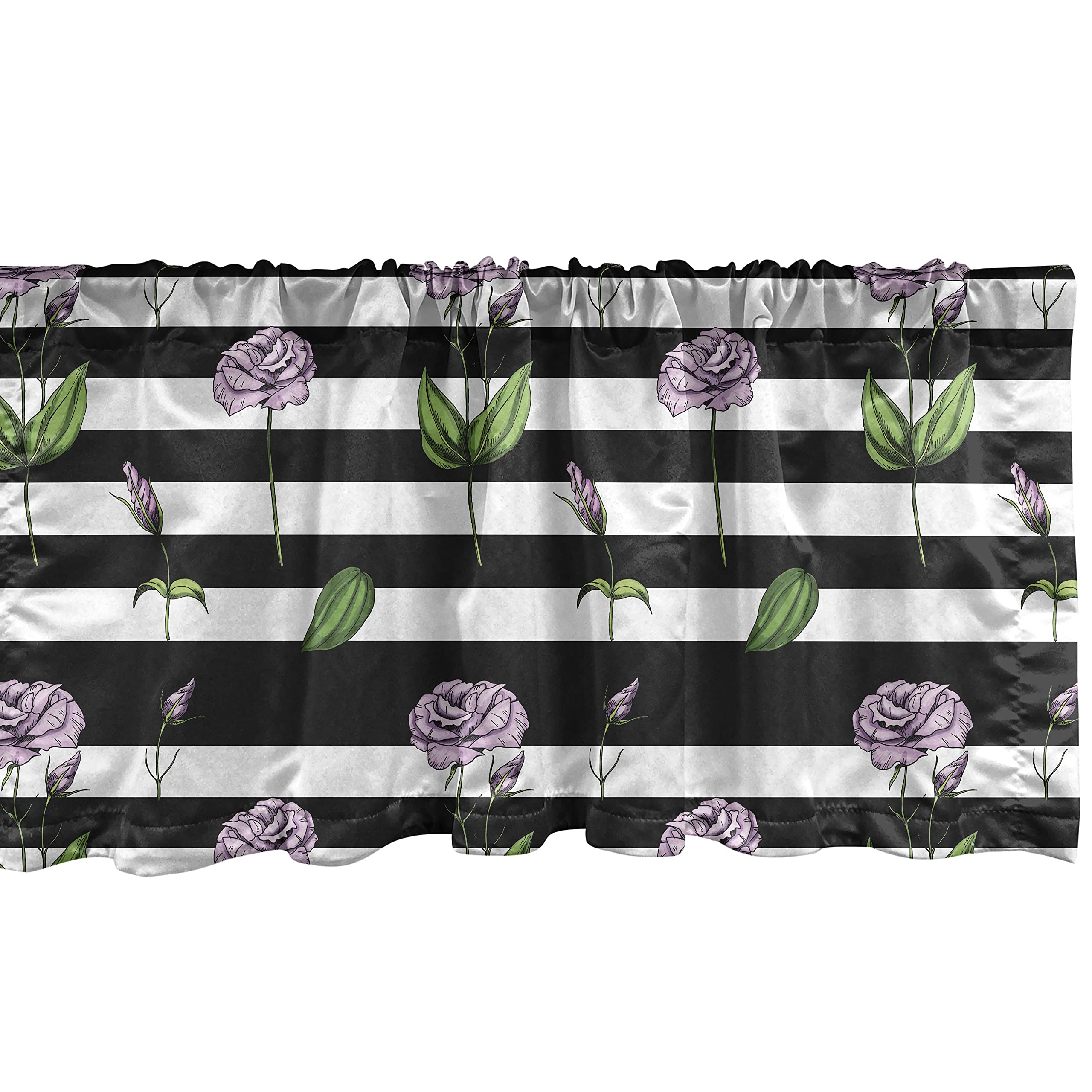 Ambesonne Rose Window Valance - Pink Floral Black & White Striped Curtain Valance with Rod Pocket, 54
