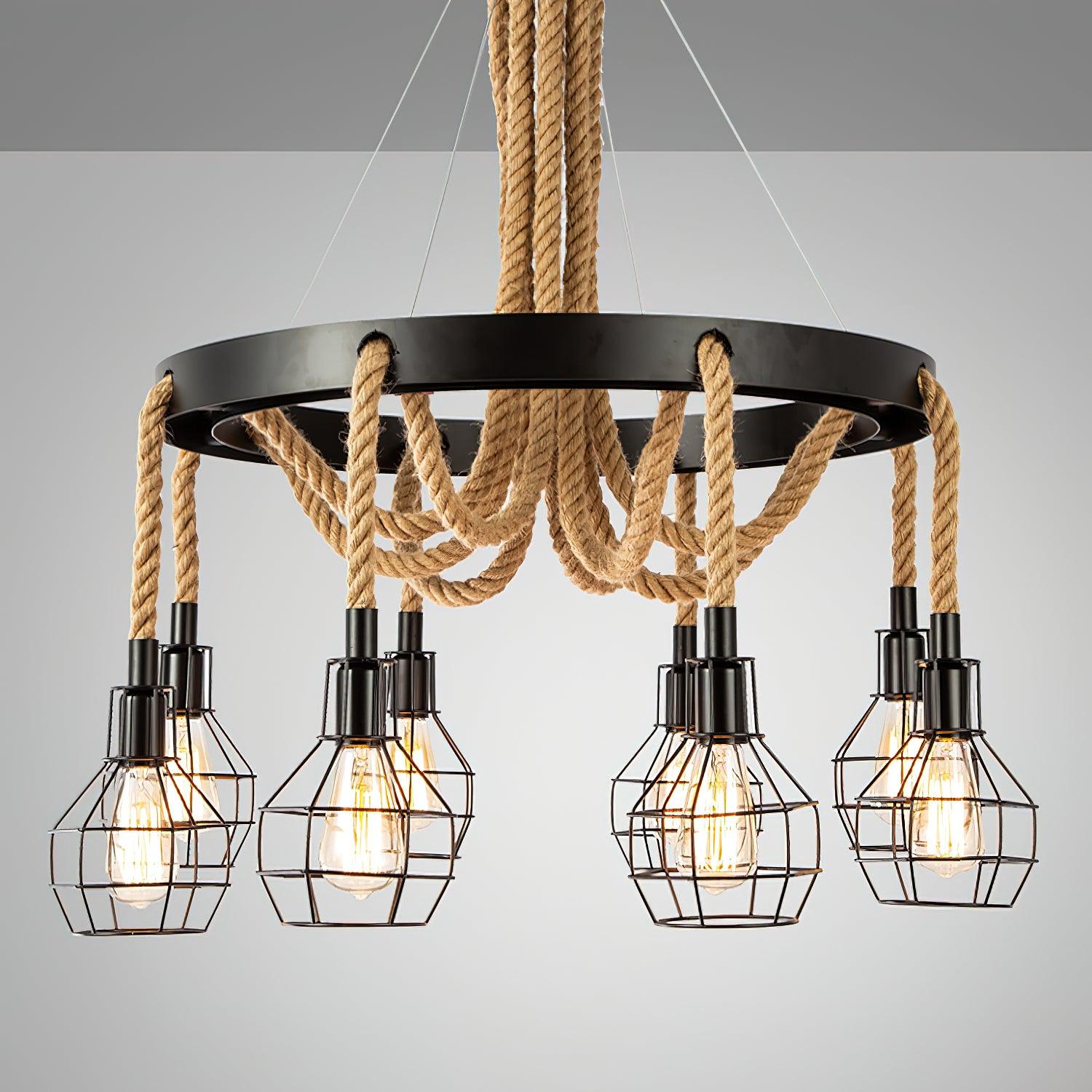 Premium Hemp Rope Industrial Starfall Chandelier - Handmade Boho Ceiling Light Fixture for Farmhouse, Loft & Restaurant Decor