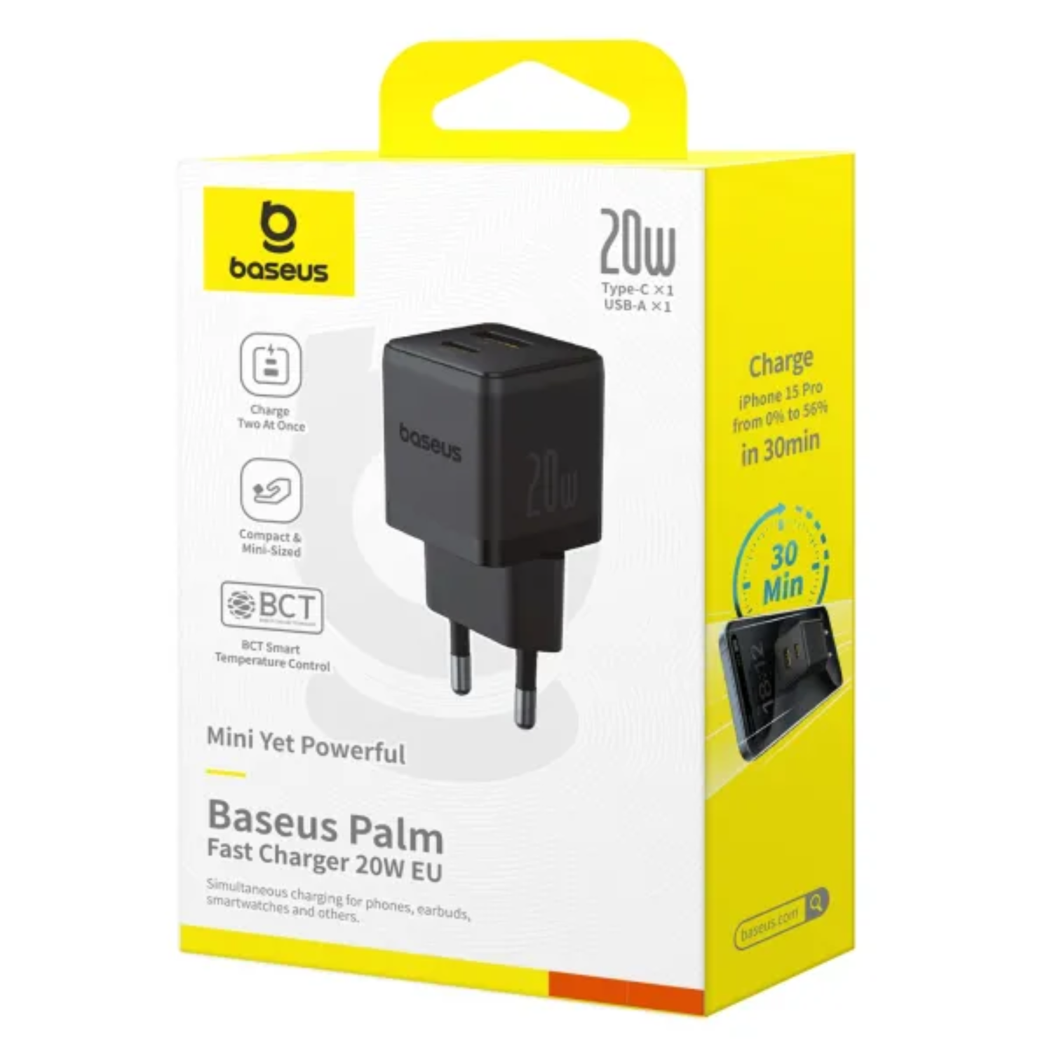 Baseus 20W Fast Charger USB C & USB A Dual Port - Black | Compact & Portable for Travel, Home & Office Use