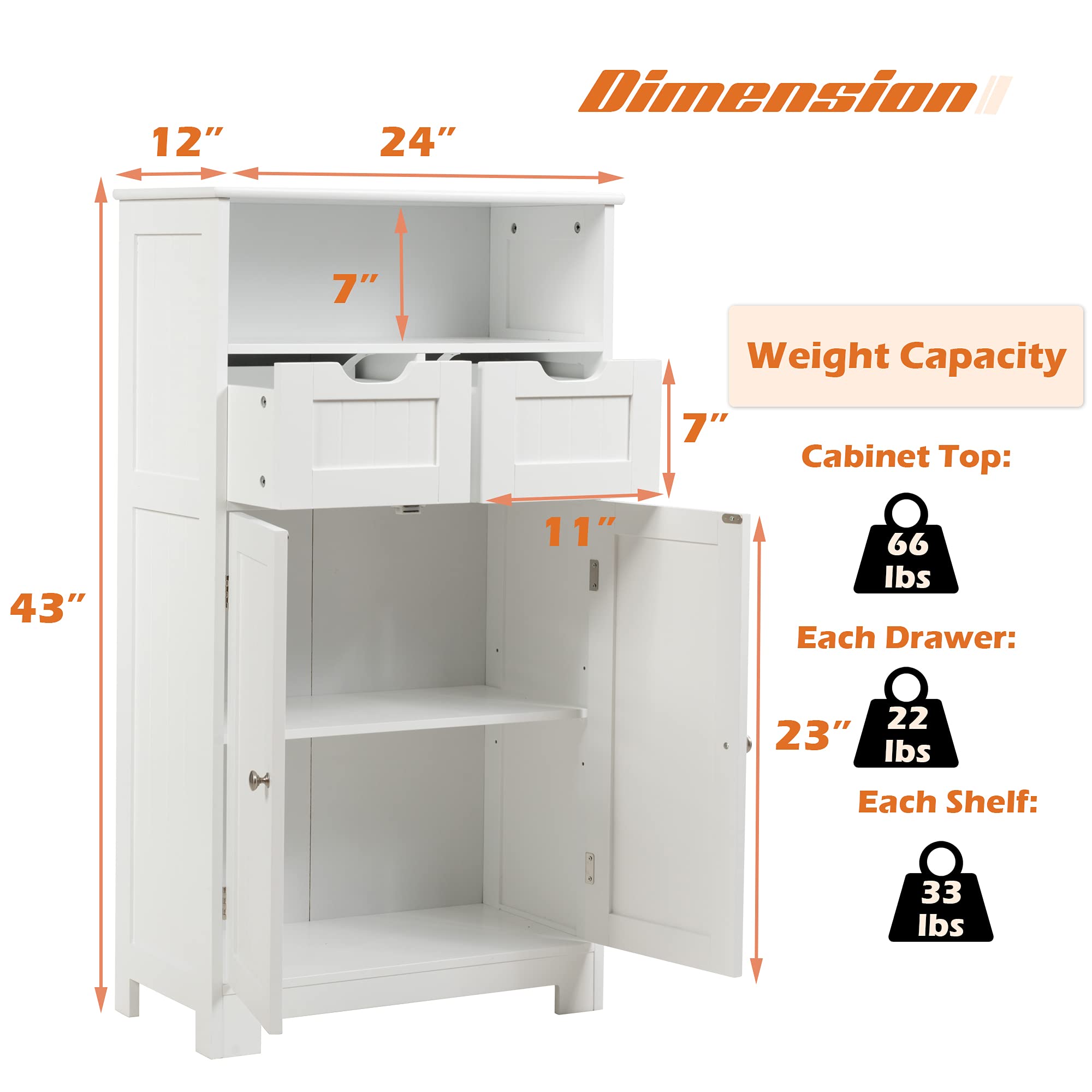 GLACER Multifunctional Floor Storage Cabinet with Removable Drawers & Adjustable Shelf - White Bathroom Organizer for Living Room, Kitchen, Entryway (24