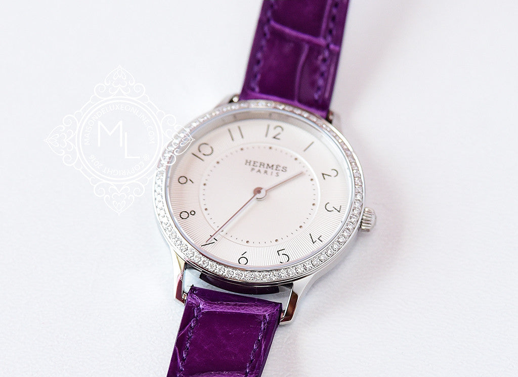 Hermes Diamond Slim d'Hermès Purple Crocodile Watch MM - Luxury Women's Wristwatch for Formal Events & Special Occasions