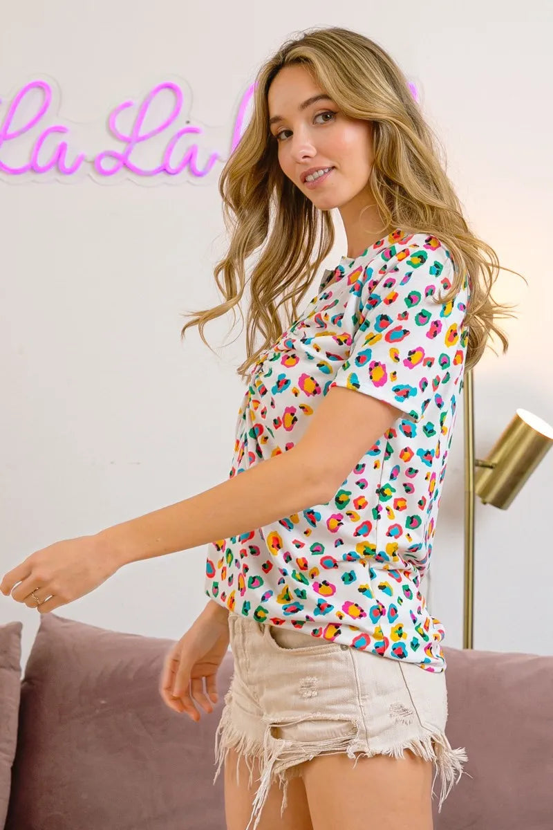 BiBi Women's Multi-Color Leopard Print Stretch Jersey Shirred V-Neck T-Shirt | Casual Summer Top for Outfits, Beachwear & Street Style