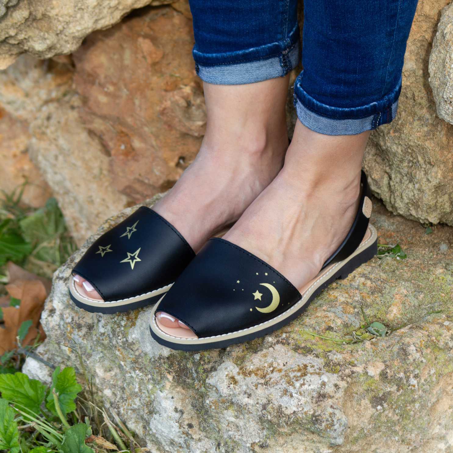 Open Toe Leather Menorcan Sandals for Women - Madonna 1056 Ciervo Estrellas with Sling Back | Comfortable Summer Beach Walking & Casual Outfit