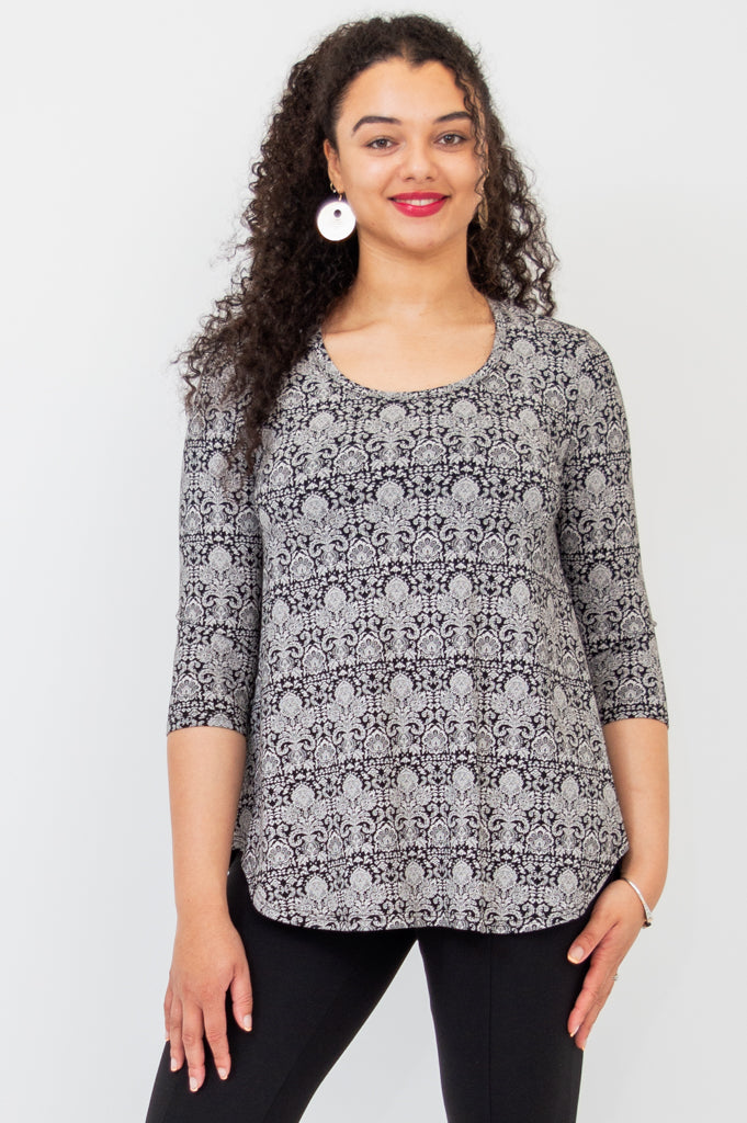 Jazz 3/4 Sleeve Women's Top - Soft Bamboo Fabric with Demask Print - Perfect for Casual Wear, Office Outfits & Summer Fashion
