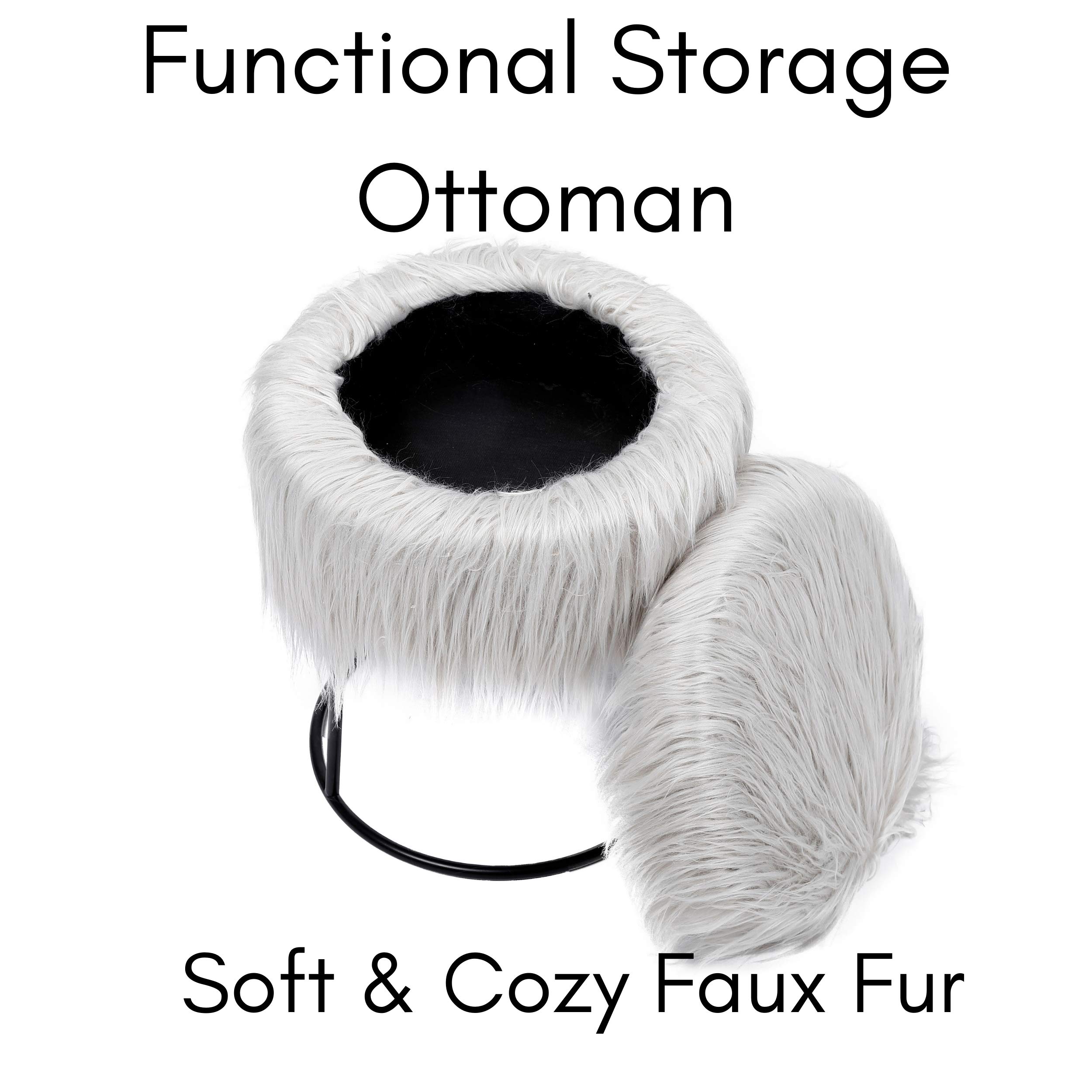 BIRDROCK HOME Round Faux Fur Vanity Stool with Storage - Fluffy Makeup Chair with Metal Legs - Soft Padded Footrest for Bedroom, Dressing Table & Closet Organization - Compact Stylish Grey Seat with Silver Legs - Perfect for Vanity Makeup, Bedroom Decor & Small Space Storage Solutions