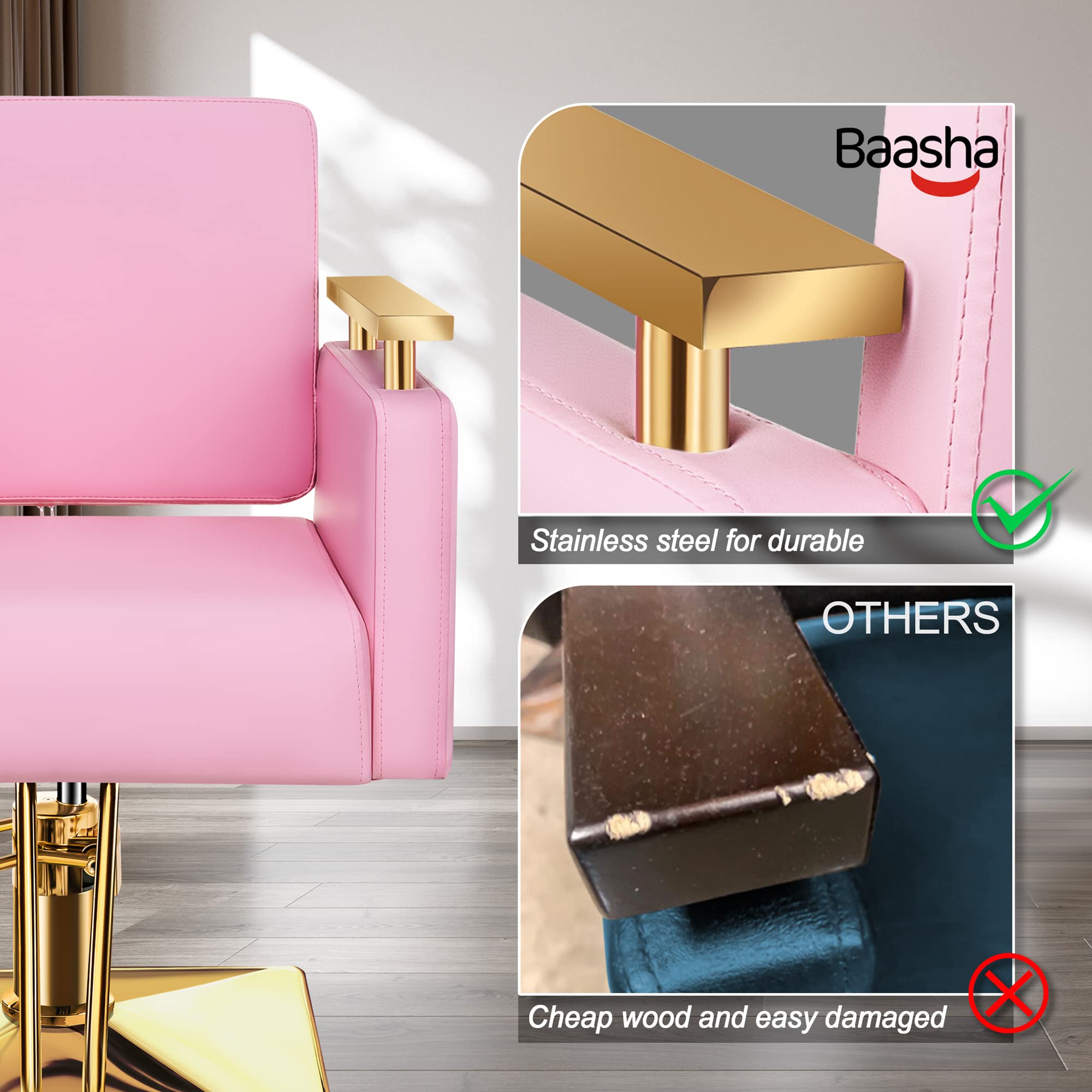 Premium Baasha Salon Chair - Hydraulic Barber Chair with Stainless Steel Armrests, Professional Hair Styling Chair for Salons & Spas, Adjustable Beauty Equipment in Gold & Pink - Perfect for Haircuts, Styling & Spa Treatments