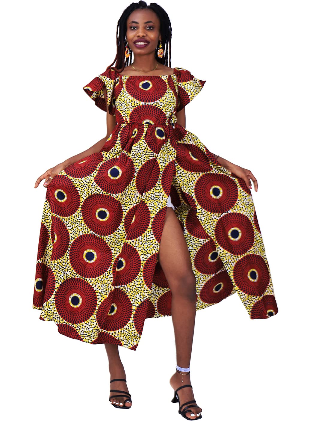 Stylish Women's African Print Floral Ankara Dress with Ruffle Sleeves & Front Slit - Elegant Maxi Dress for Parties, Weddings & Summer Vacations