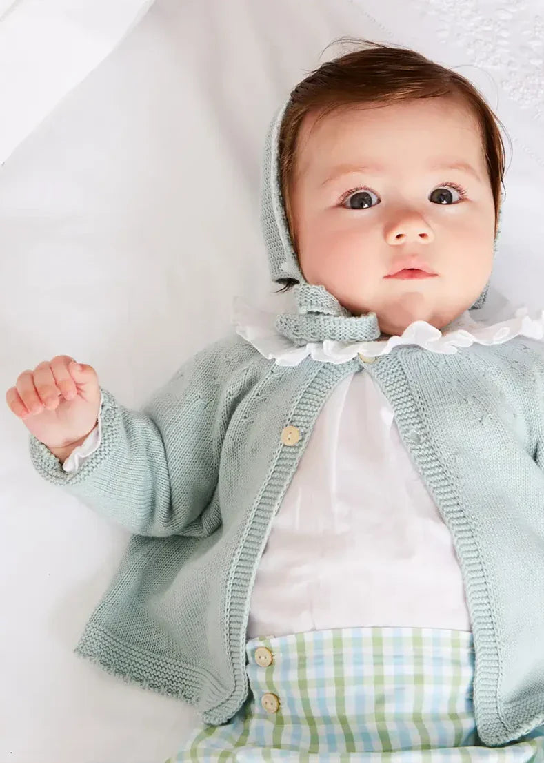 Green Openwork Detail Baby Cardigan for 0-12 Months - Soft & Breathable Newborn Knitwear for Photos, Gifts & Special Occasions