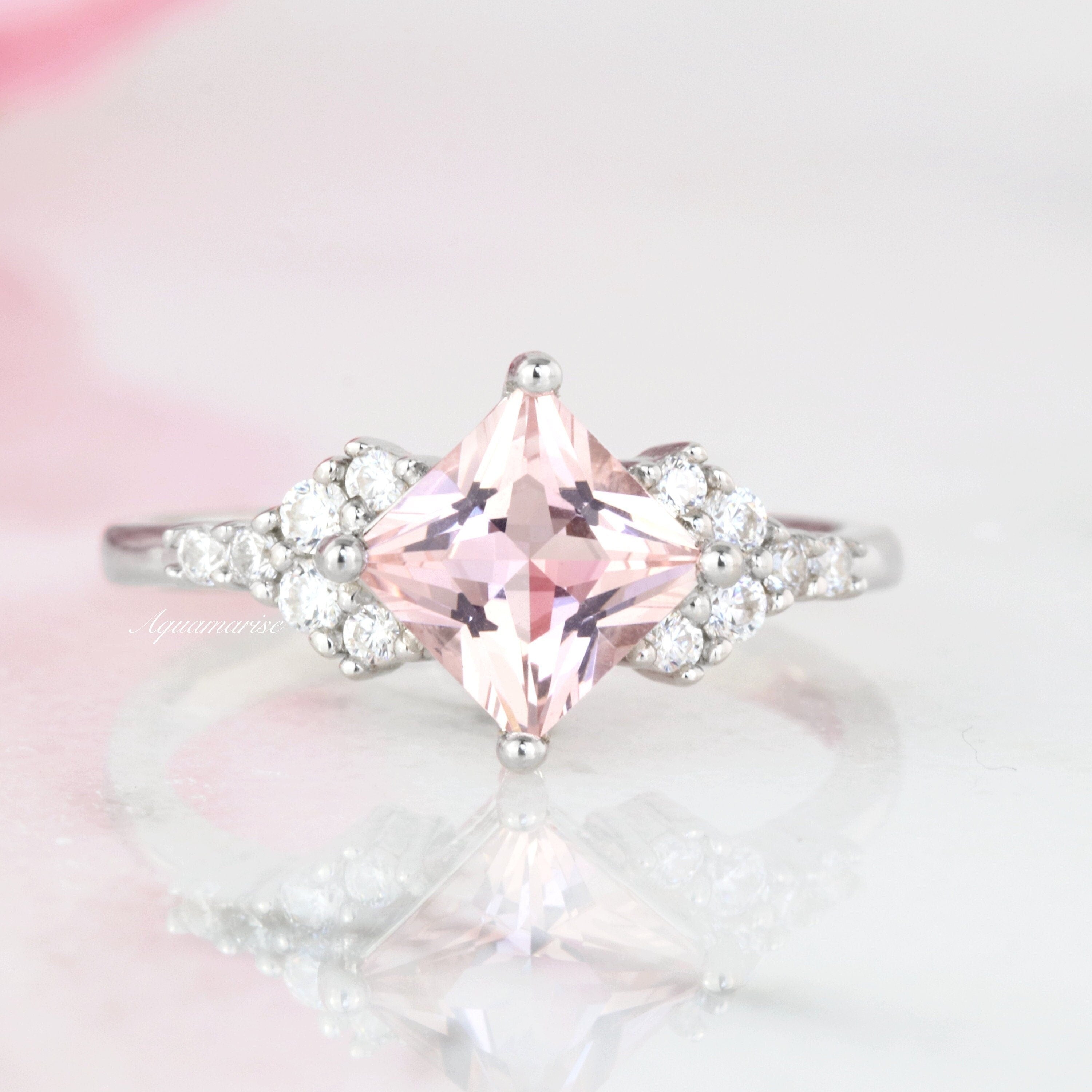 Ellie Morganite Ring Sterling Silver - Elegant Rose Gold Plated Jewelry for Women, Perfect for Engagement, Wedding, Anniversary & Everyday Wear